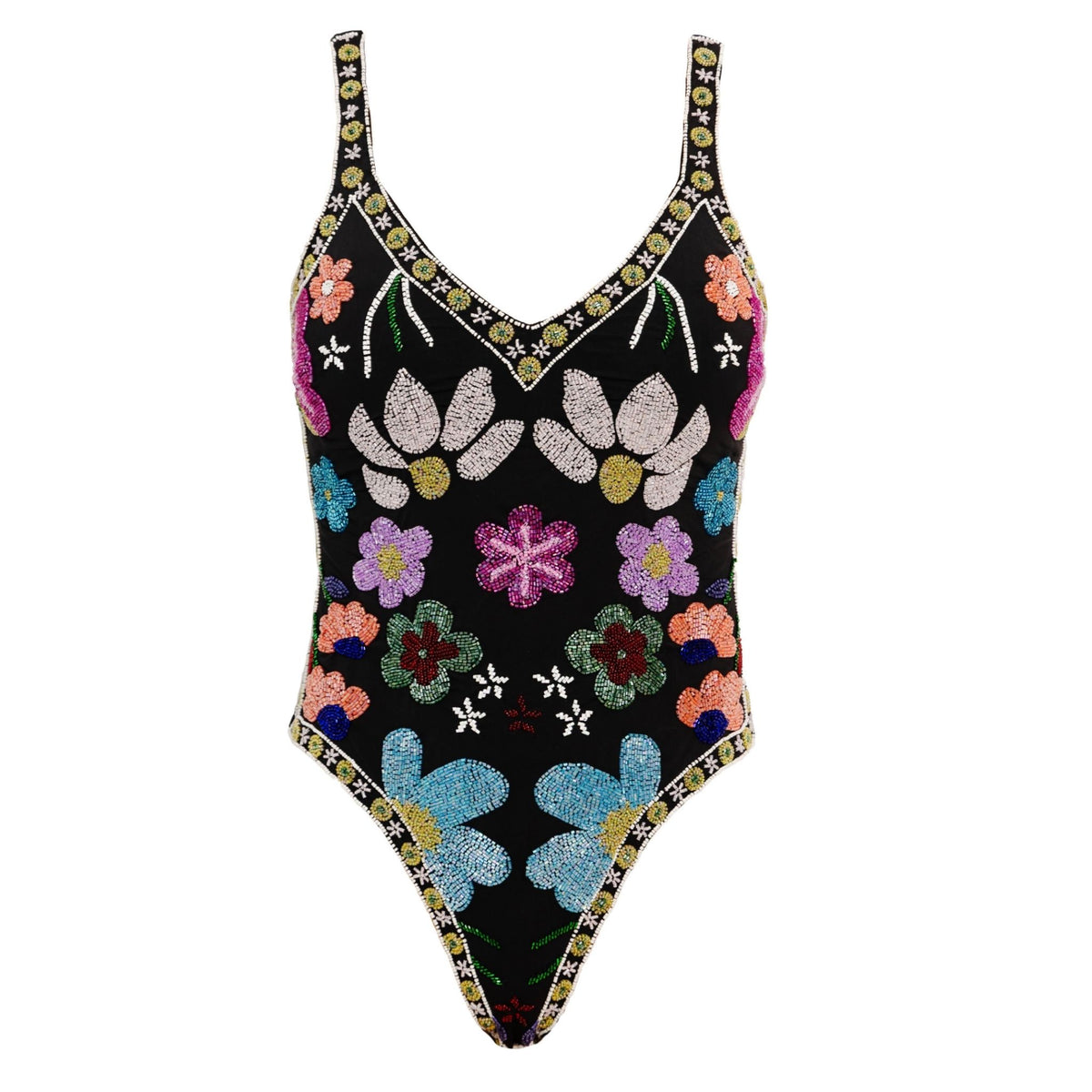 The SELF-ADORE Flower Hand-Beaded Embellished One-Piece Swimsuit in black features a V-neck, shoulder straps, and vibrant pink, blue, yellow, green, purple, and white beaded floral designs with hand-beaded trim.