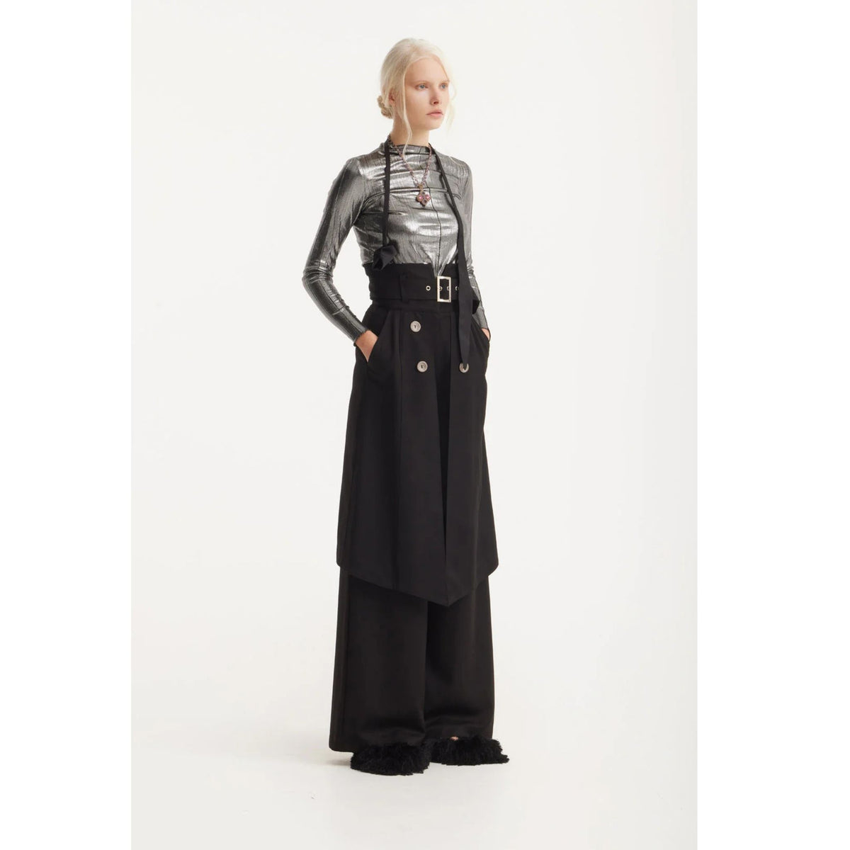 Wide Leg Trousers With Skirt Overlay | Black