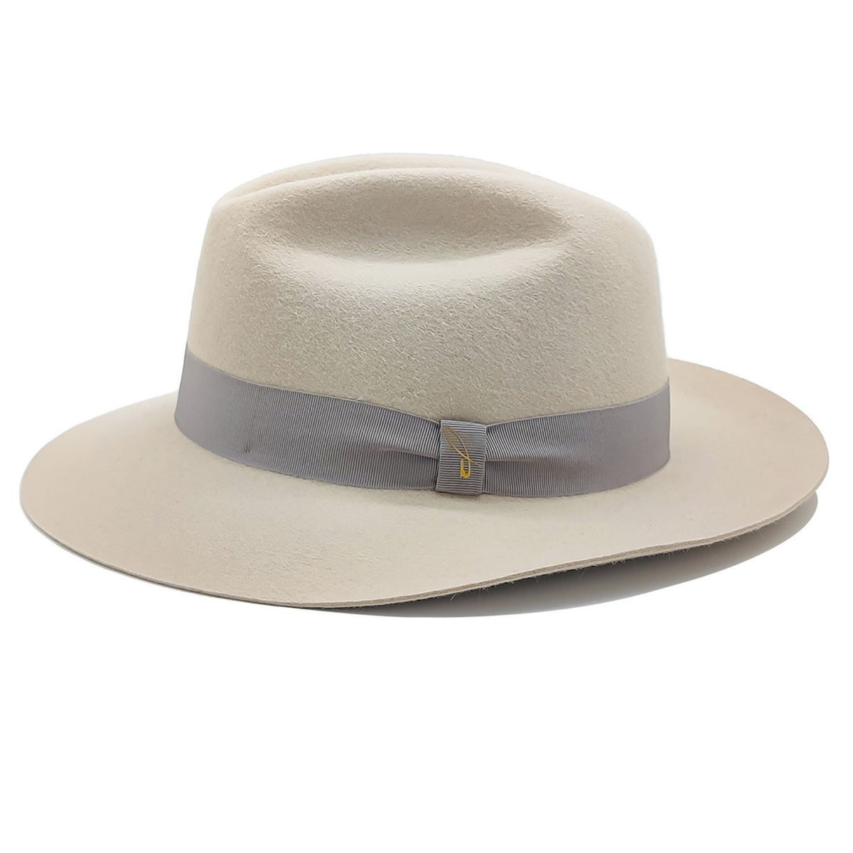 Beige fedora hat with a gray band on a white background