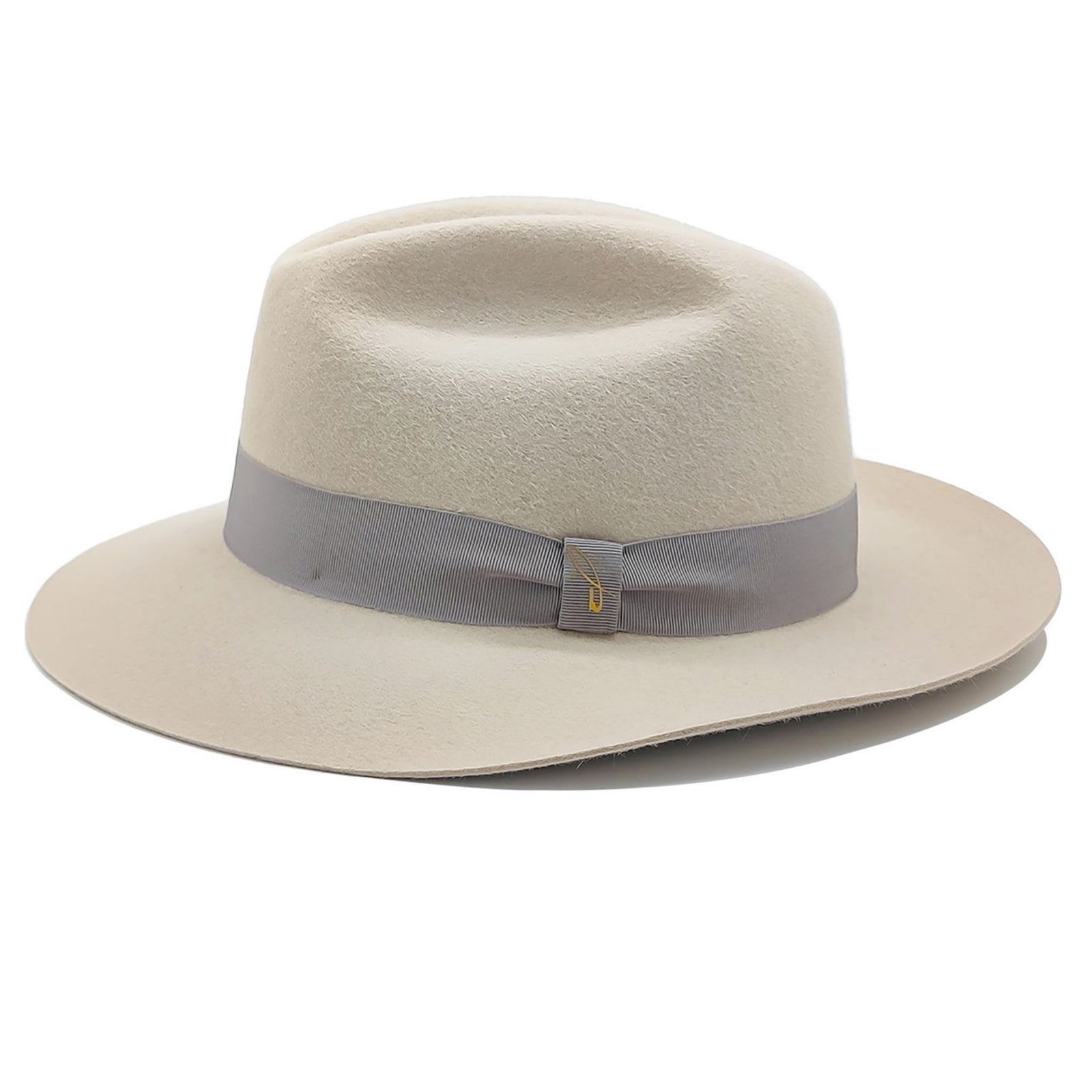 Beige fedora hat with a gray band on a white background