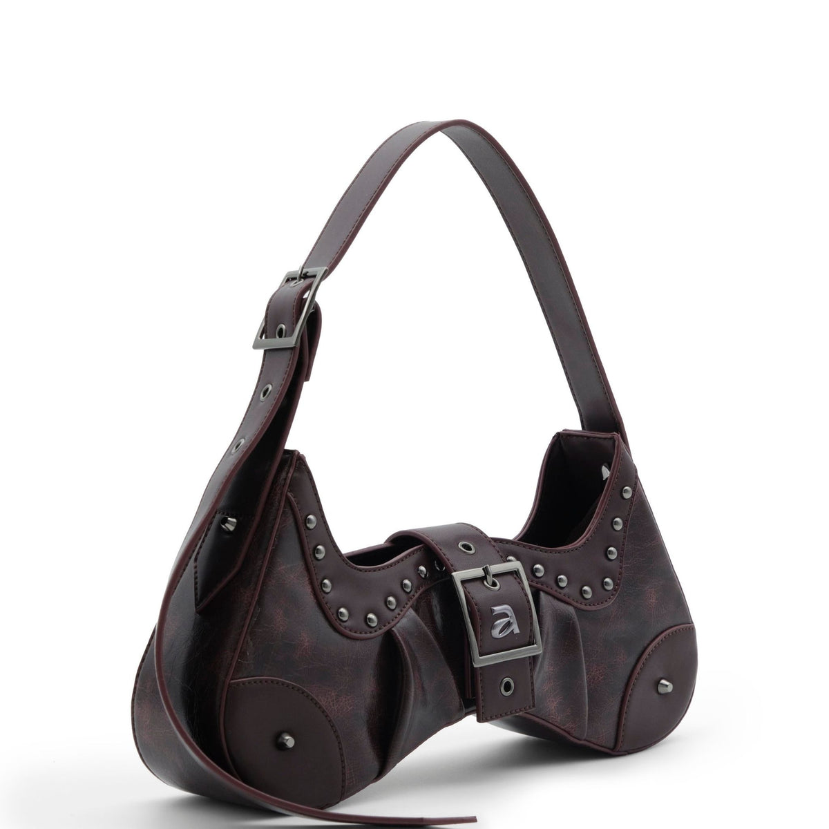 Brown leather handbag with studded details on a white background