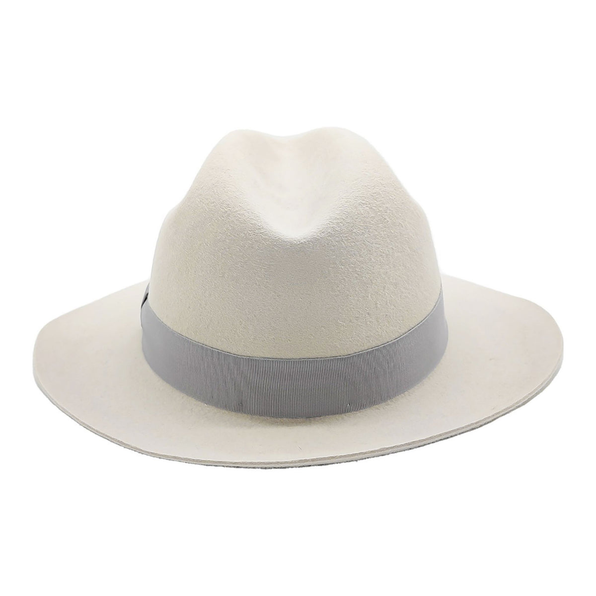 White fedora hat with a gray band on a white background