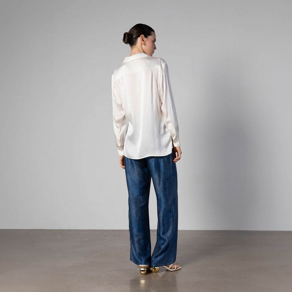 White Boyfriend Silk Shirt with Double Pockets