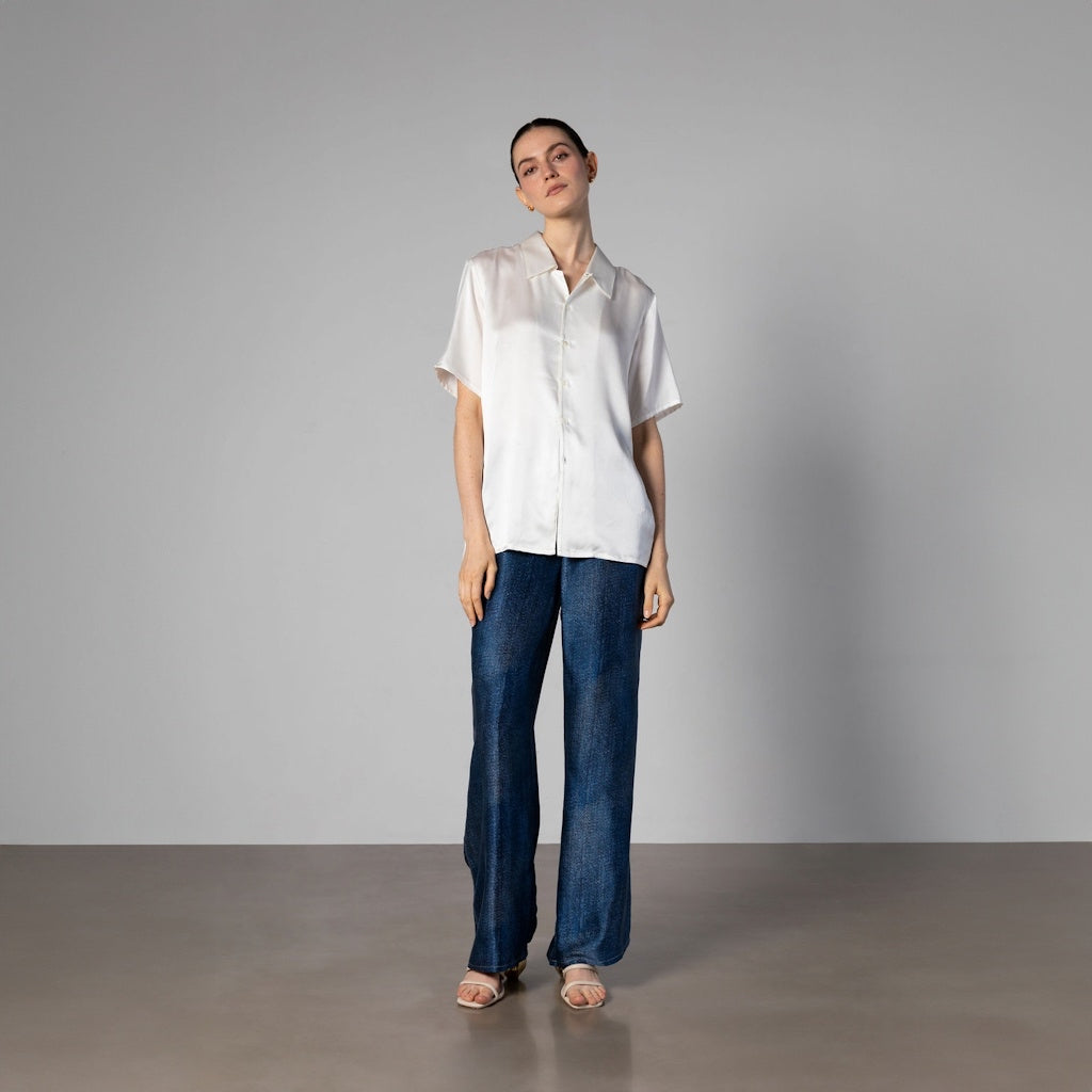 Silk Wide-Leg Jeans with Contrast Stitching
