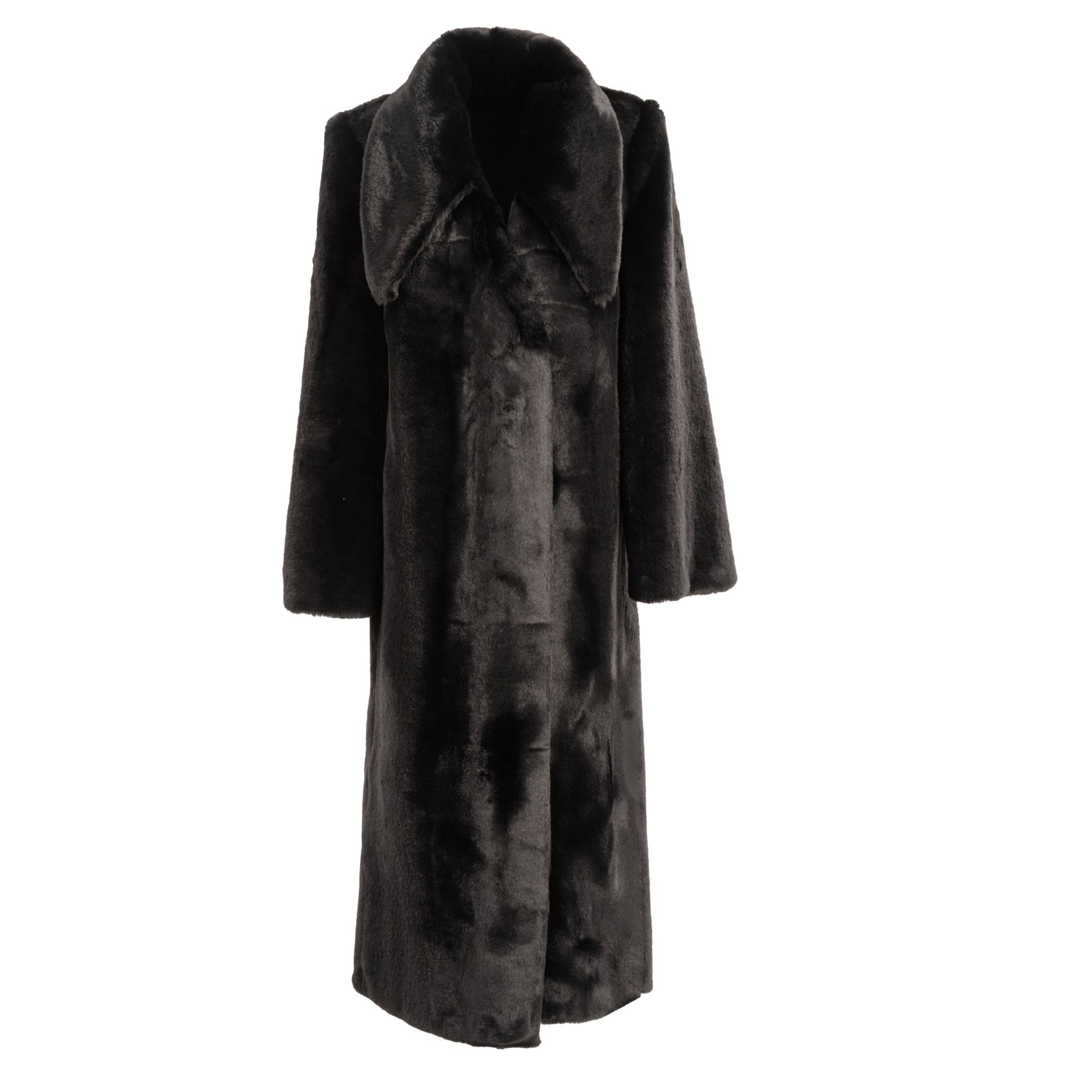 The KRIS MARÁN Fur Maxi Coat With Oversized Collar is a long black faux fur coat with full-length sleeves, making a bold statement when displayed on a white background.