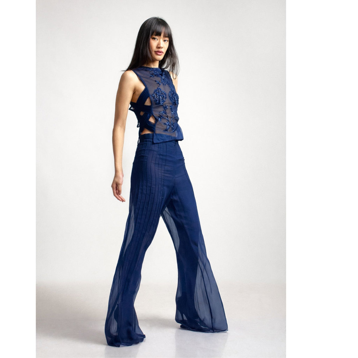 Sheer Pin Tuck Trousers | Blue