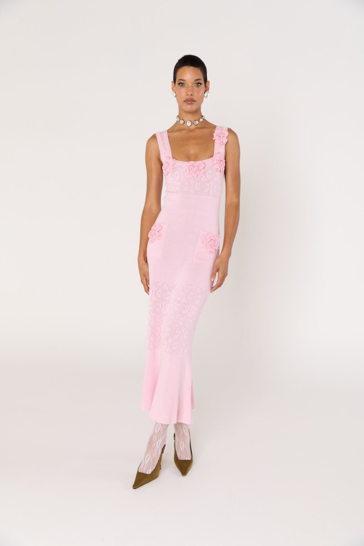 ANDREEVA - Rose Vanilla Knit Dress With Handmade Knit Details