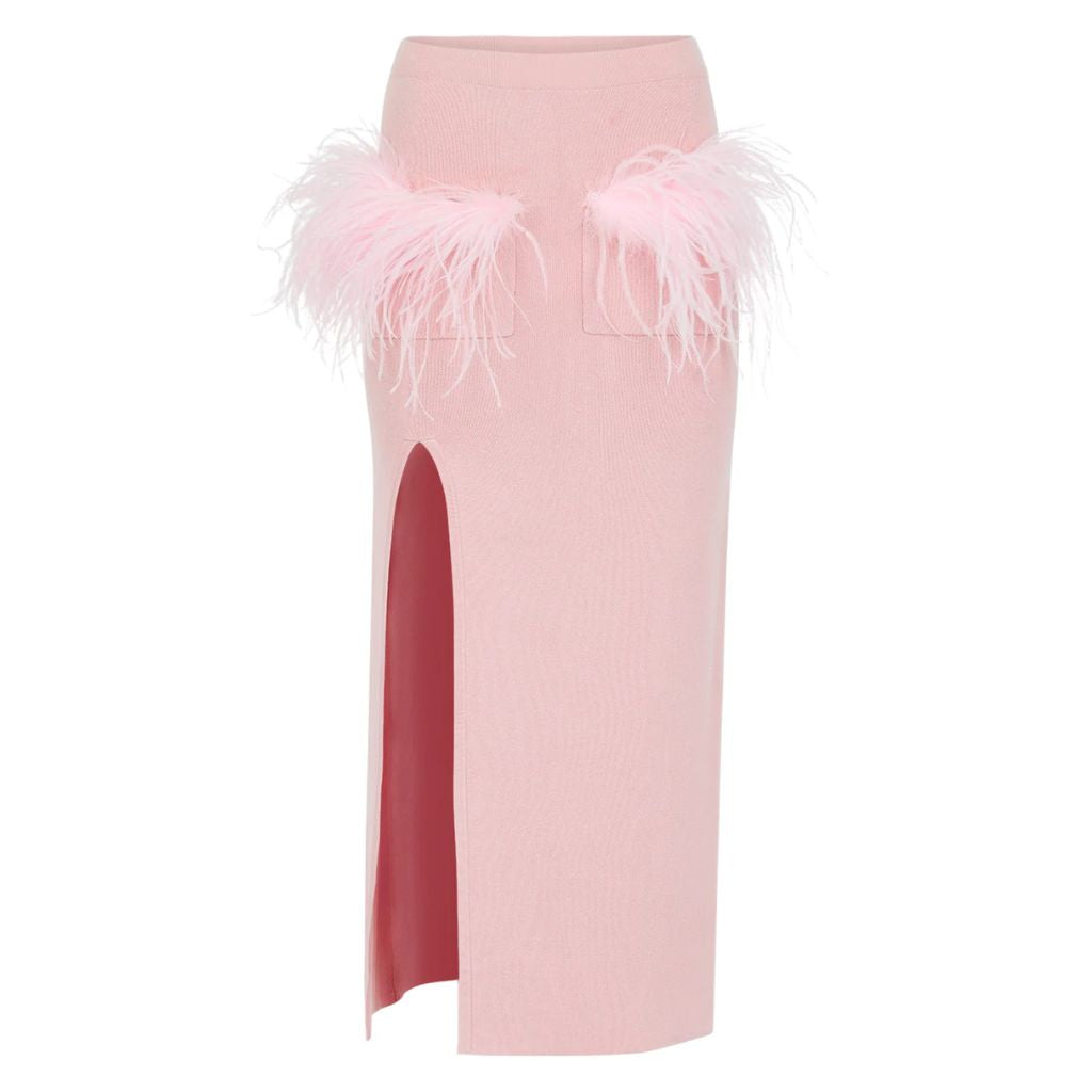 ANDREEVA - Powder Pink Vanilla Knit Skirt With Feathers, buy at DOORS NYC