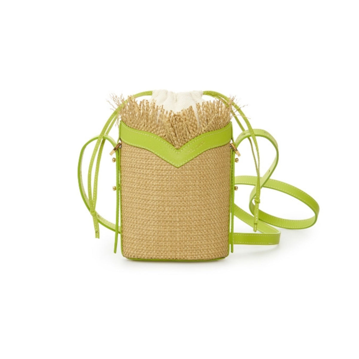 Woven handbag with green strap on a white background