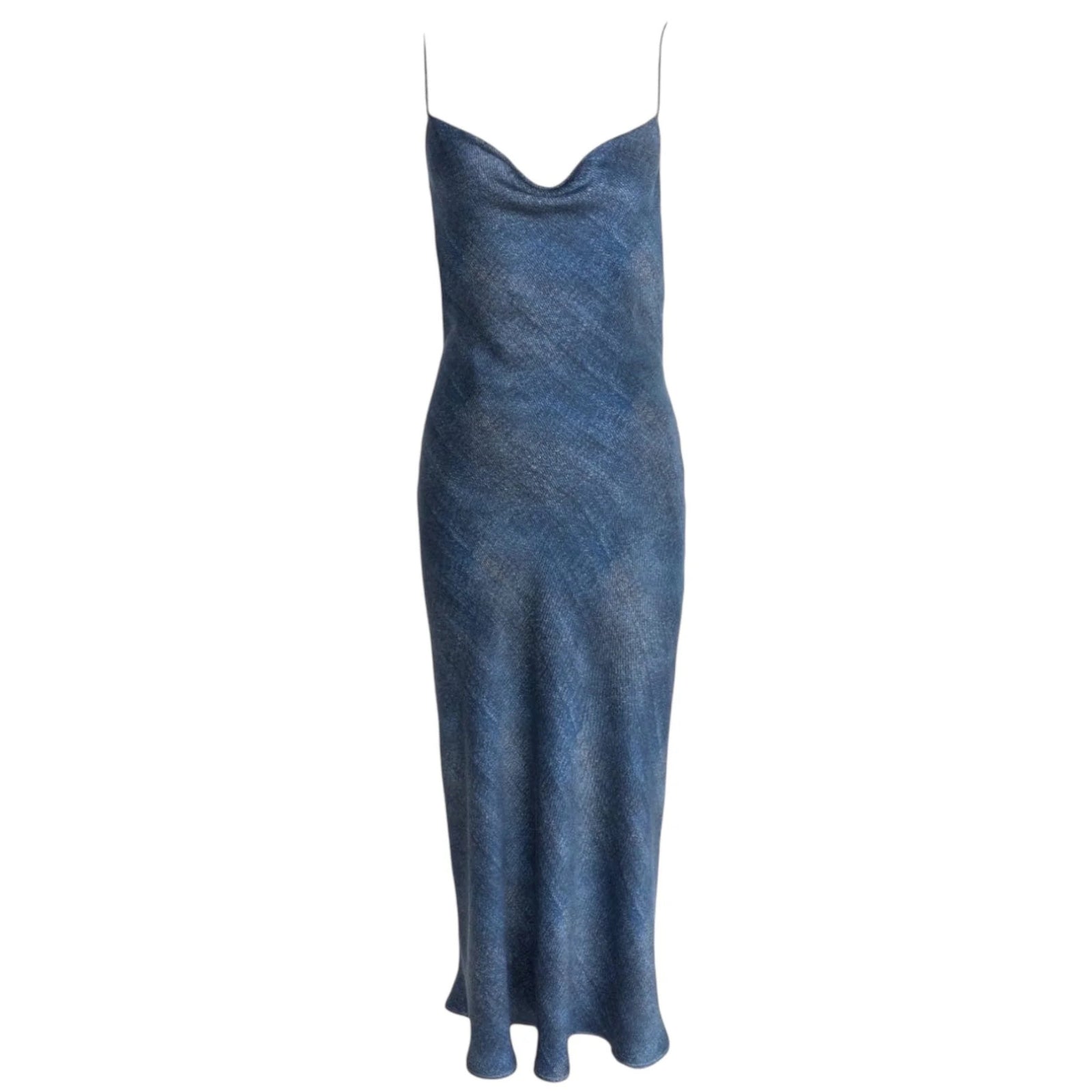 Denim Print Silk Slip Dress with Cowl Neck
