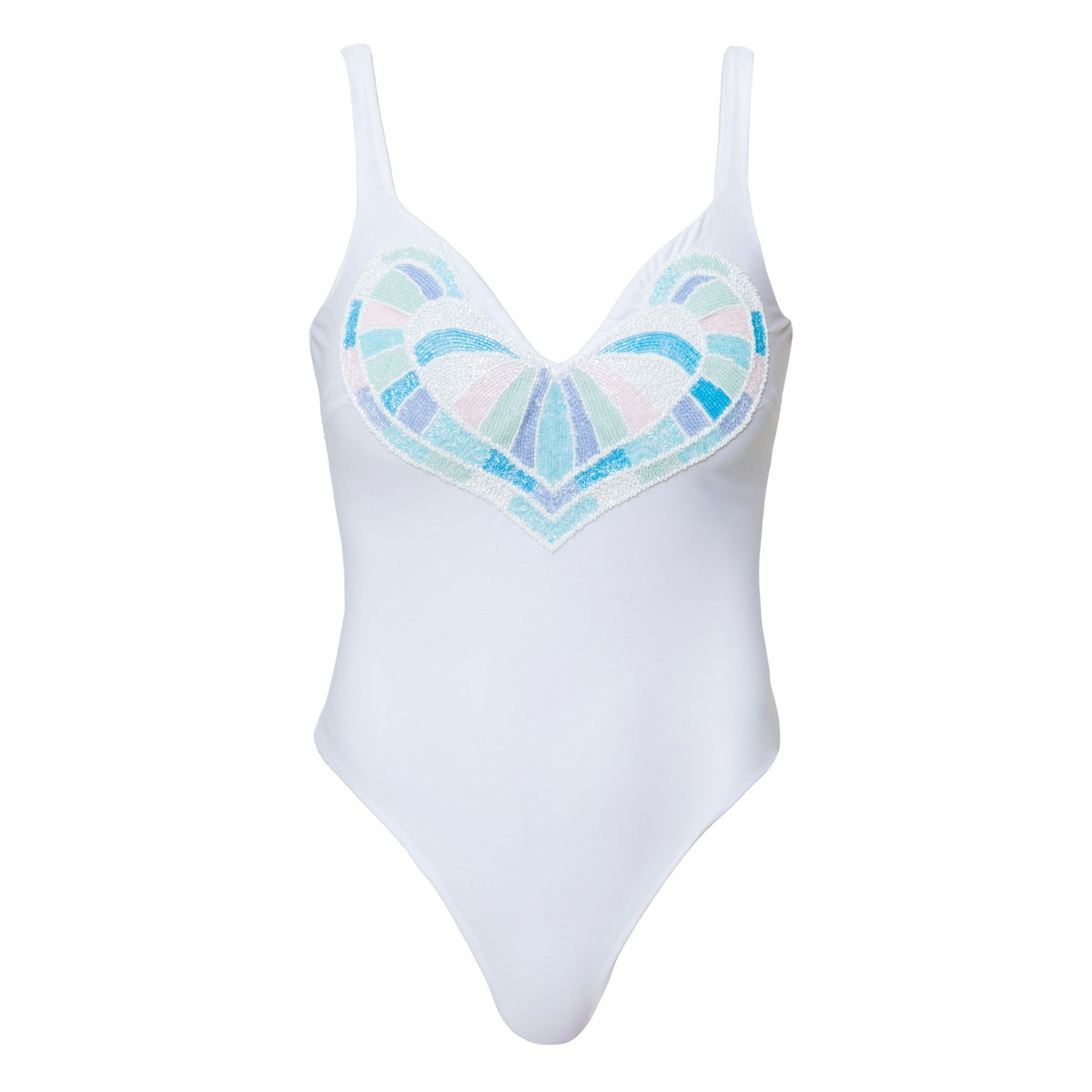 The SELF-ADORE Amor Hand-Beaded Embellished One-Piece Swimsuit in white features thin straps and a heart-shaped chest design with pale blue, teal, and white geometric patterns for a glamorous swimwear look.