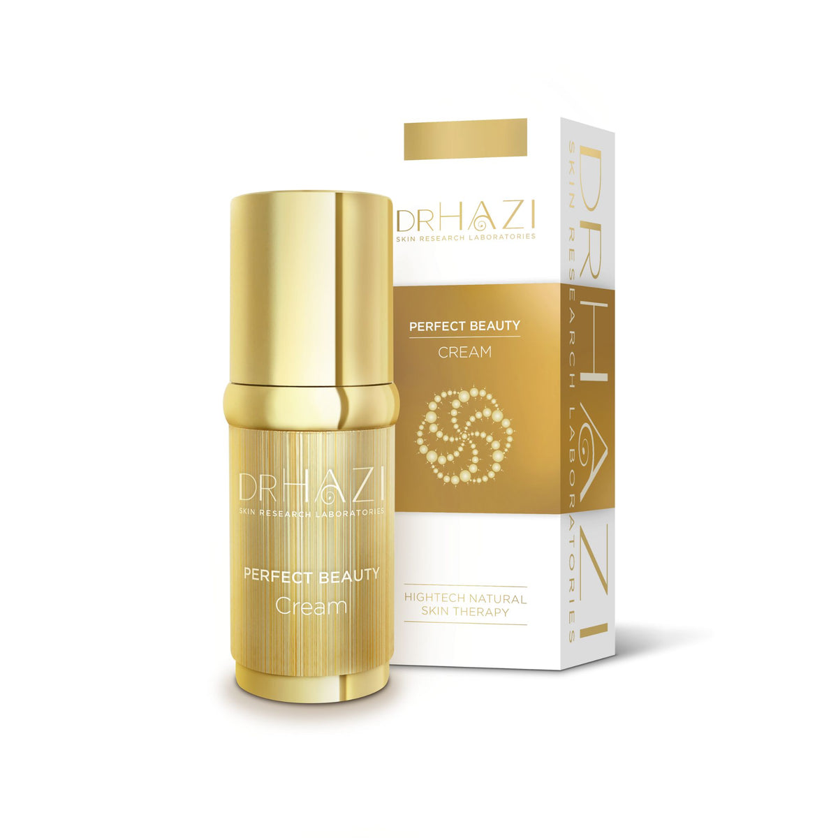 Gold cream bottle and packaging with &#39;DR HAZI&#39; branding on a white background