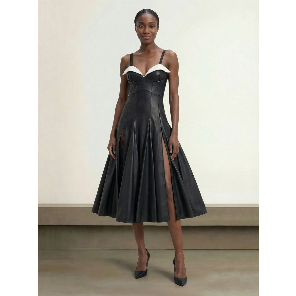 vegan leather corset midi dress independent designer
