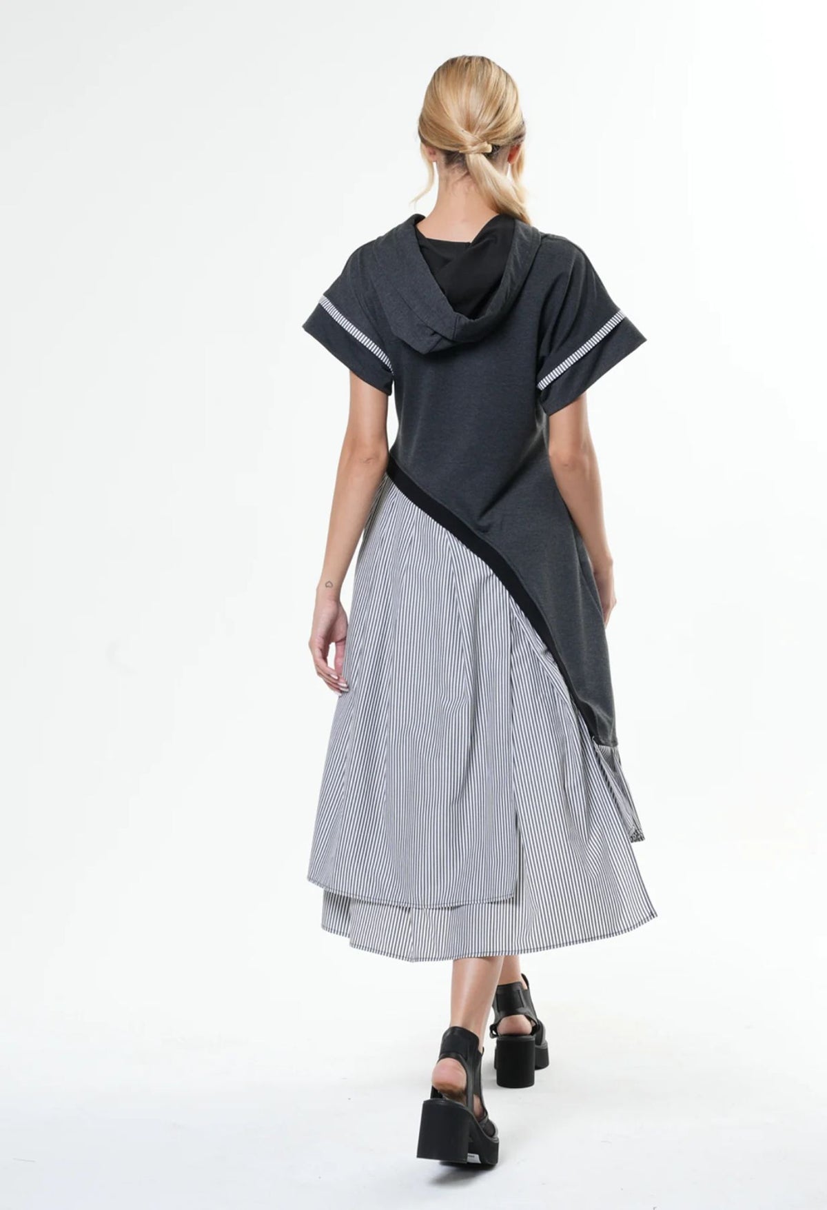 METAMORPHOZA - Asymmetric Hooded Dress With Short Sleeves In Gray | PR Sample at DOORS NYC