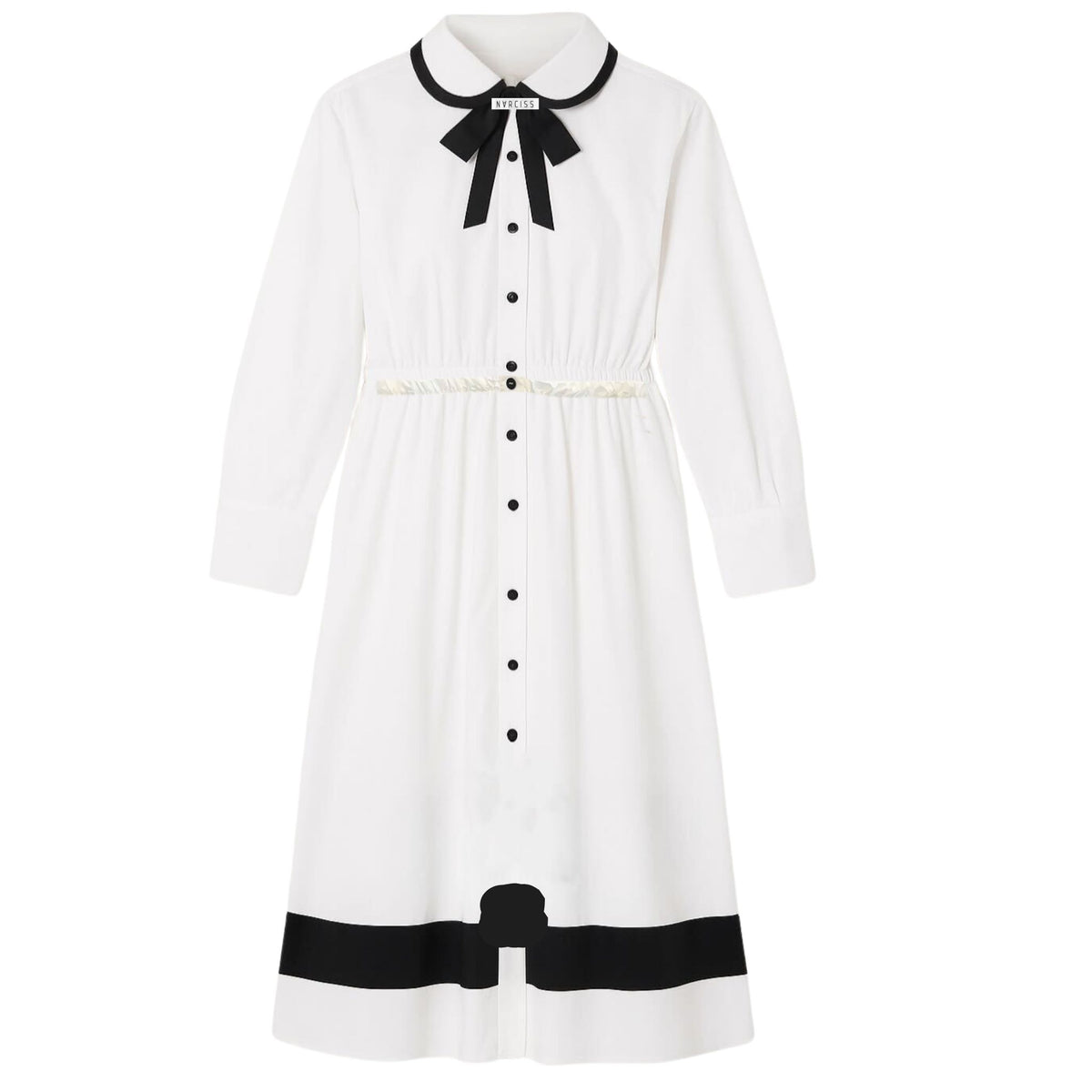 White midi shirt dress with black ribbon and stripe trim, designed by NARCISS