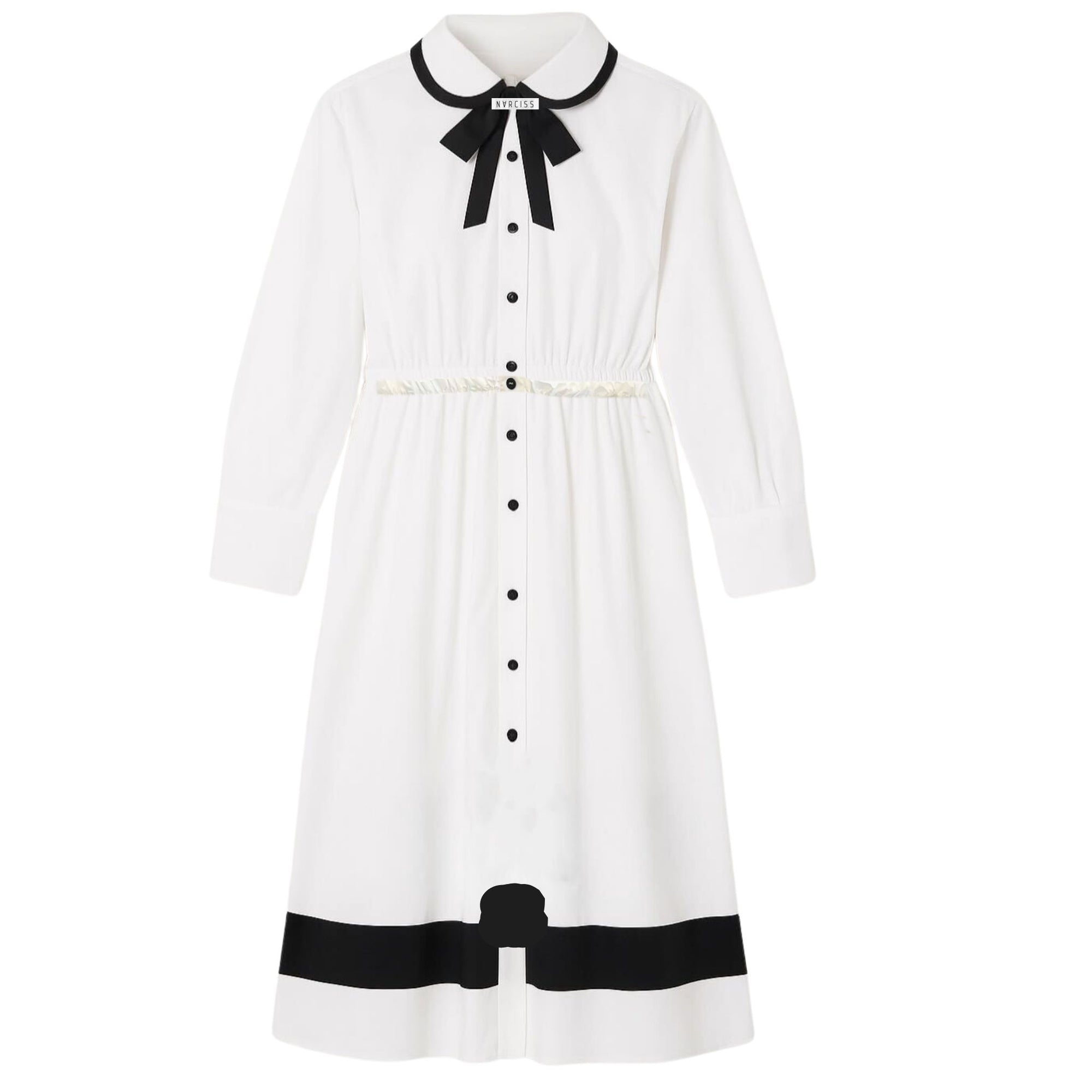 White midi shirt dress with black ribbon and stripe trim, designed by NARCISS