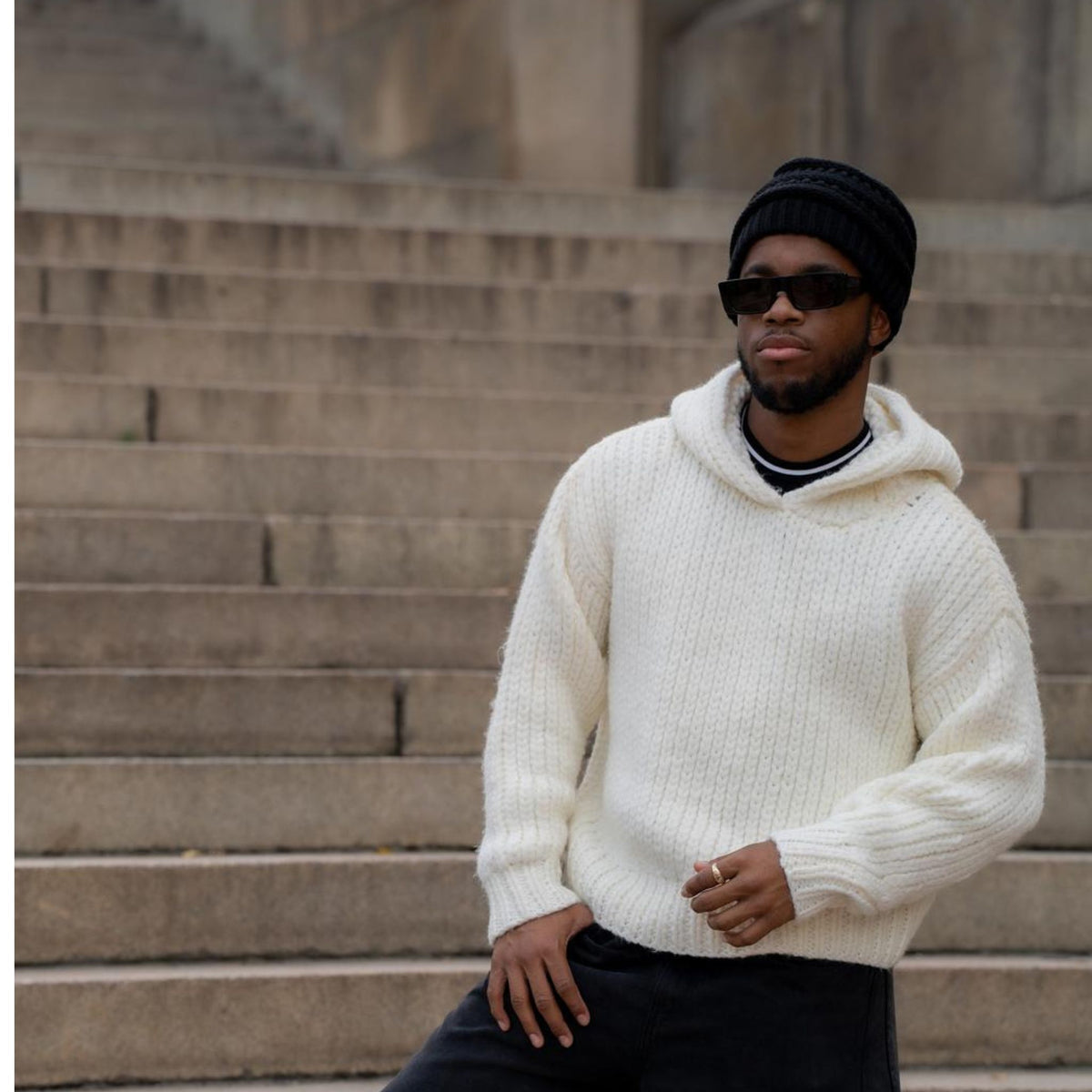 Cream Ribbed Knit IGLOO Hoodie in Soft Non-Wool Yarn