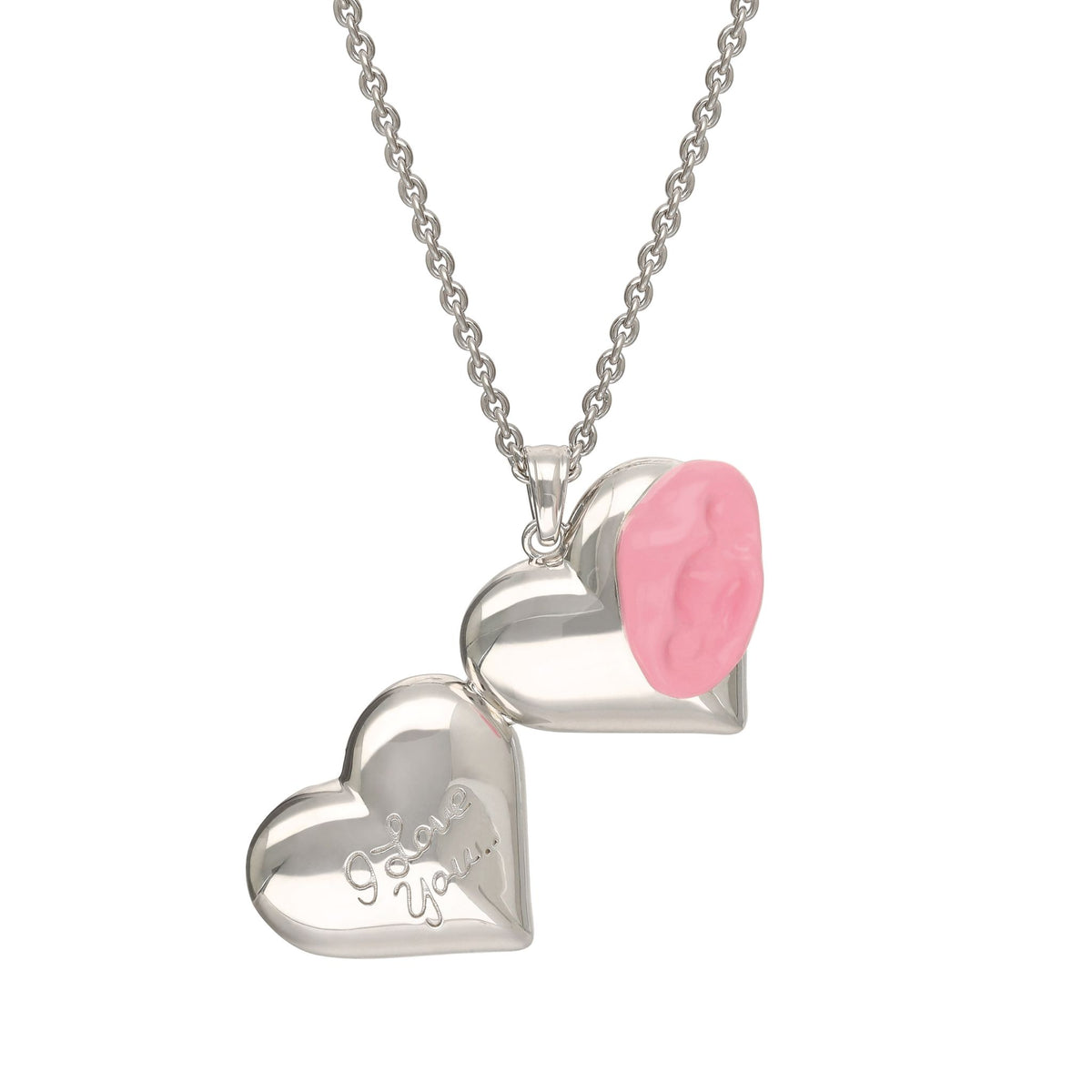 Heart-shaped silver necklace with a pink heart pendant on a white background