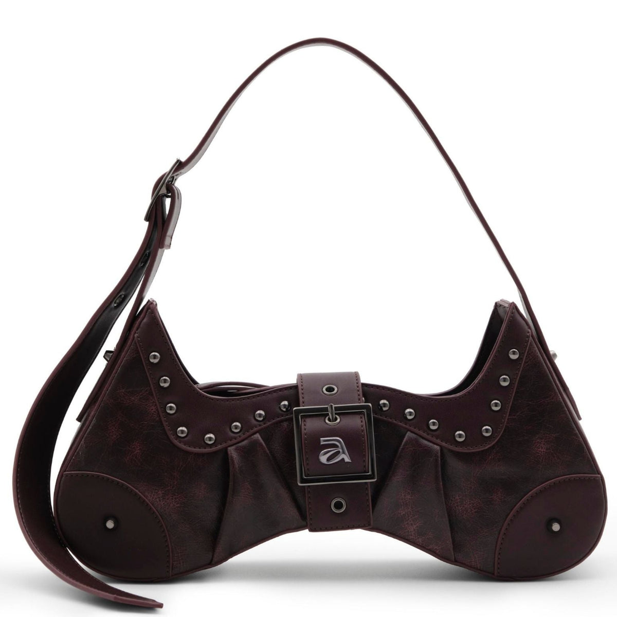 Brown handbag with decorative elements on a white background