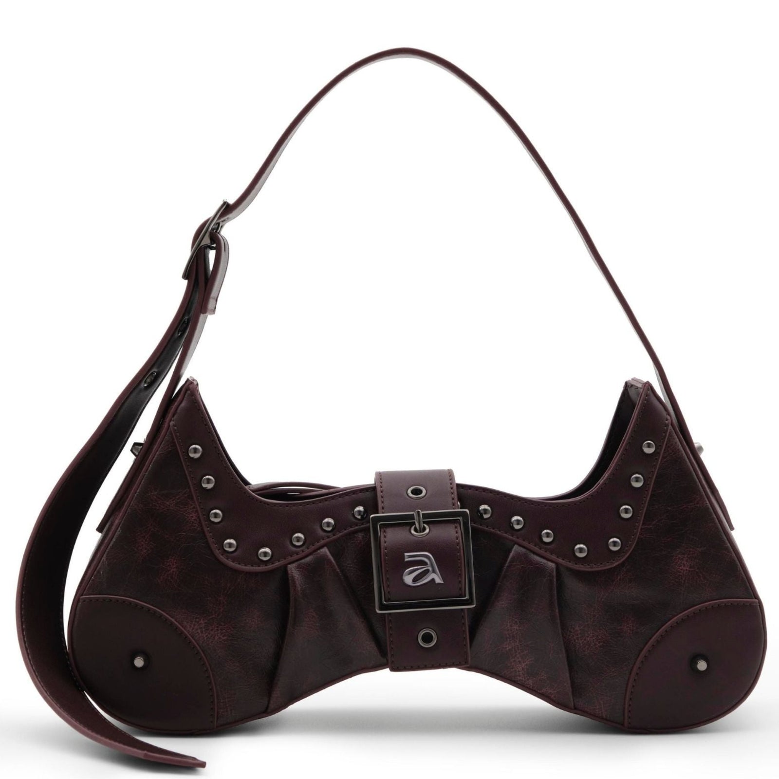 Brown handbag with decorative elements on a white background