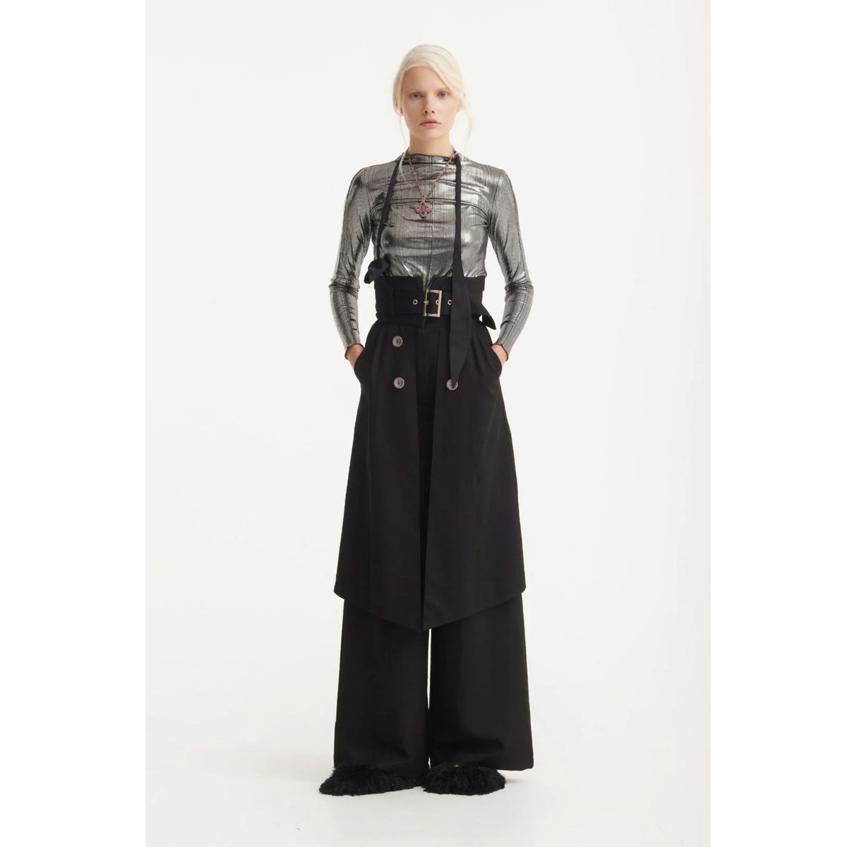 Wide Leg Trousers With Skirt Overlay | Black