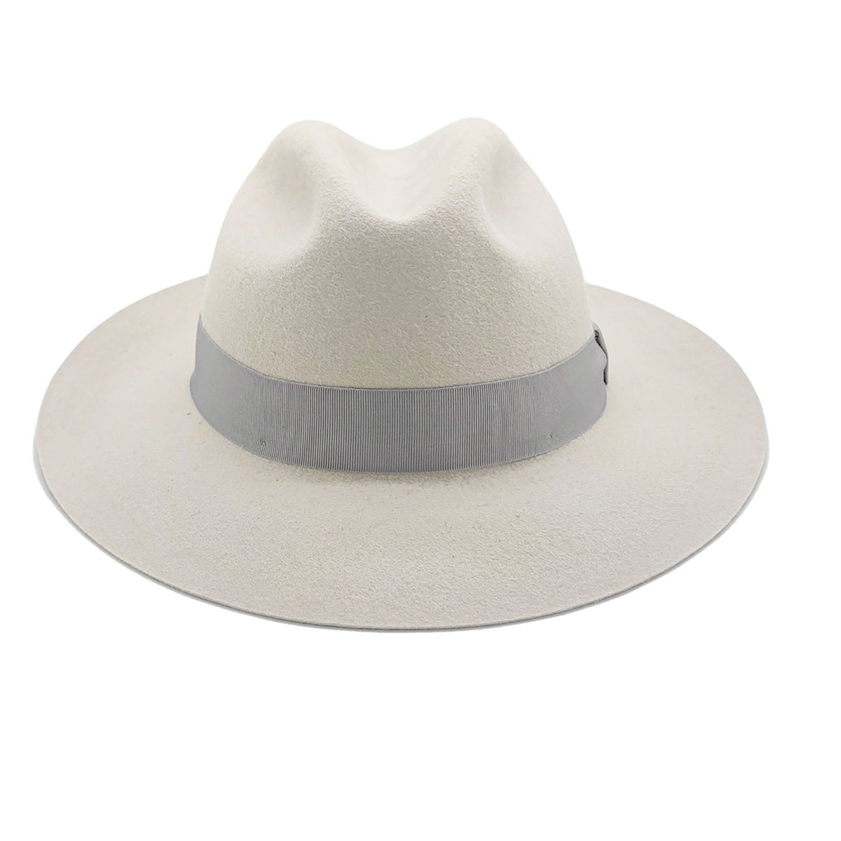 White fedora hat with a gray band on a white background