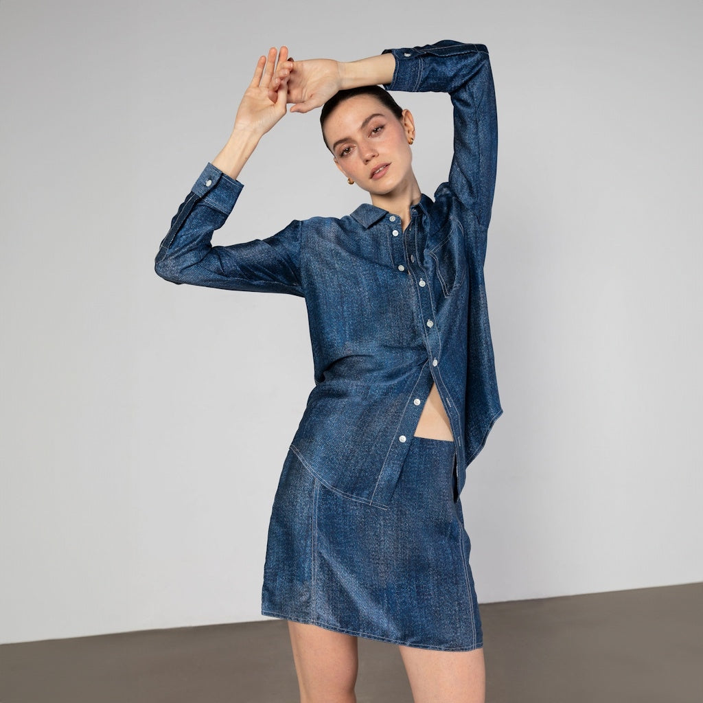 Dark Wash Denim Print Silk Mini Skirt