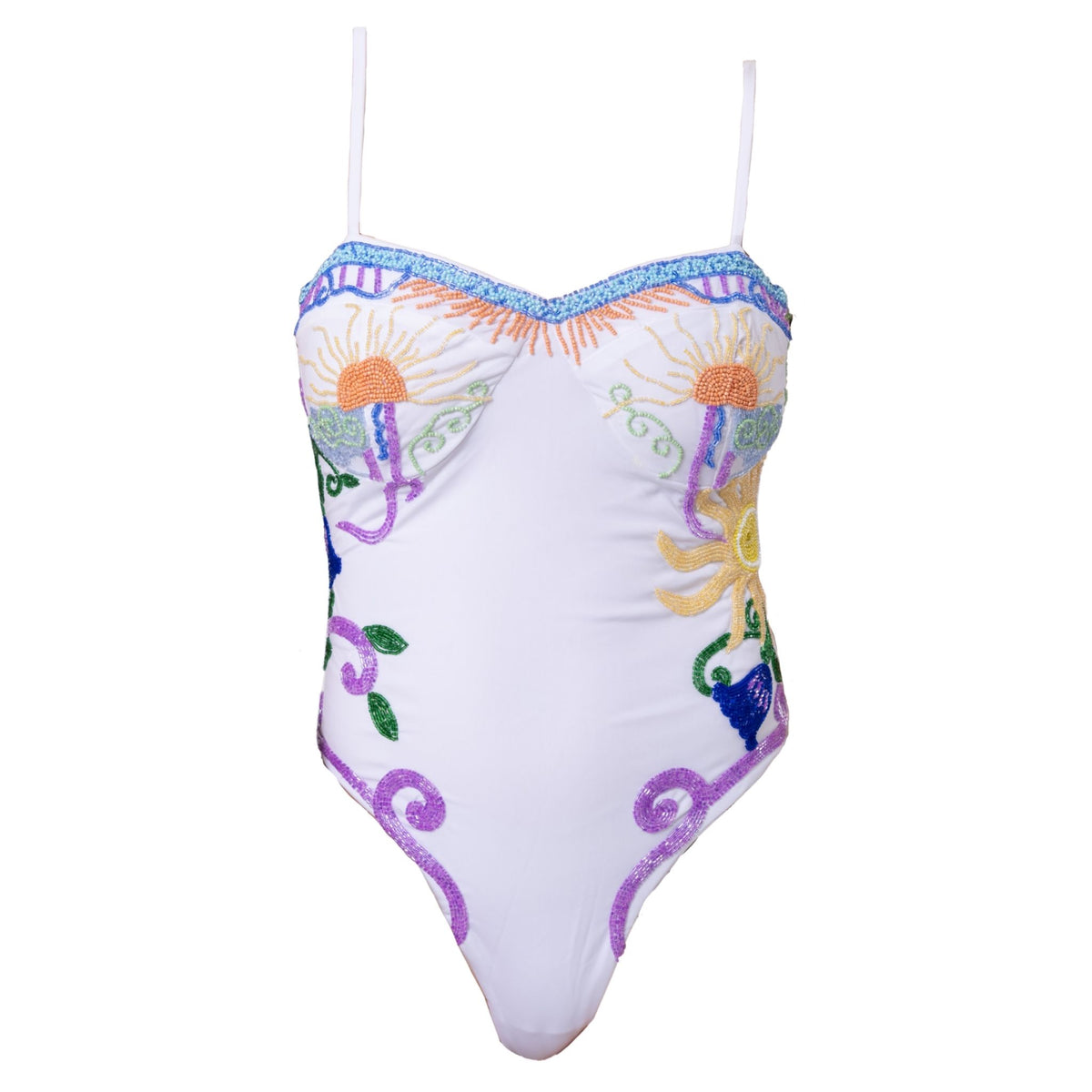 The SELF-ADORE Serenity Hand-Beaded Embellished One-Piece Swimsuit is a white suit with thin shoulder straps and vibrant hand-beaded sun, flower, and swirl designs in orange, purple, green, and yellow across the front.
