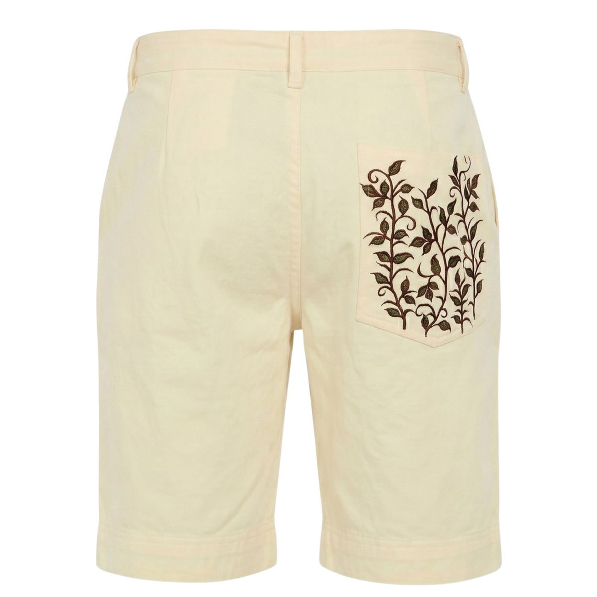 The Beige Vine Embroidered Shorts by INTERNATIONAL APPEAL feature handcrafted brown and green vine embroidery on a decorative right back pocket, offering a luxurious touch for modern resort dressing. PR Sample.