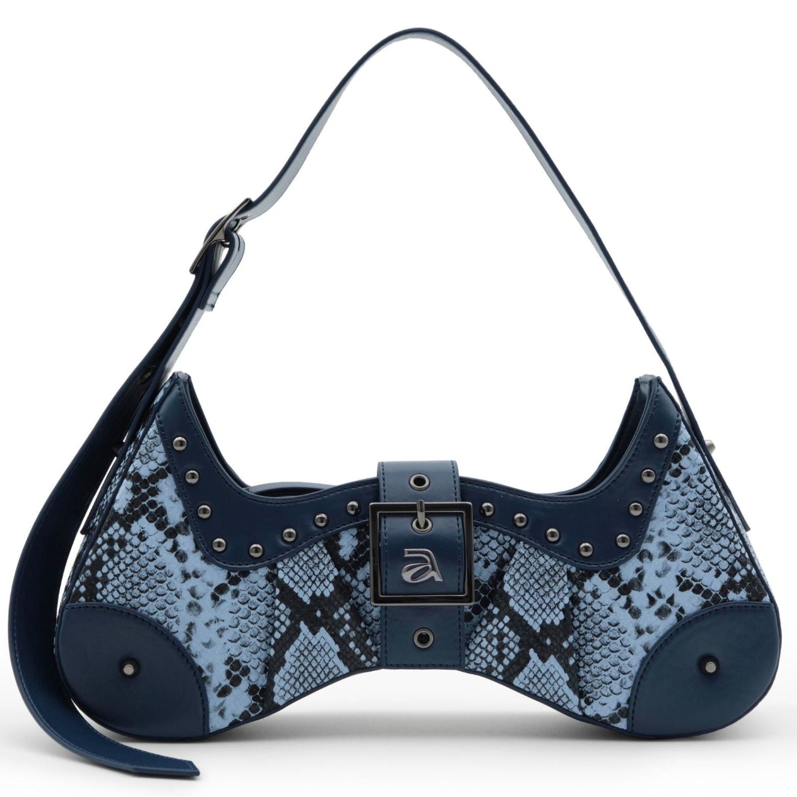 Blue snake print handbag with a prominent brand logo on a white background