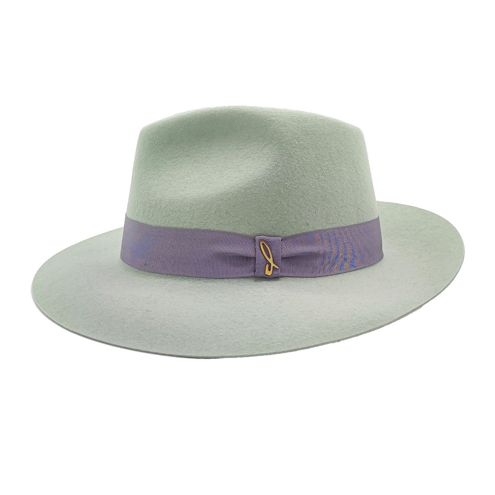 Light green fedora hat with a purple band on a white background