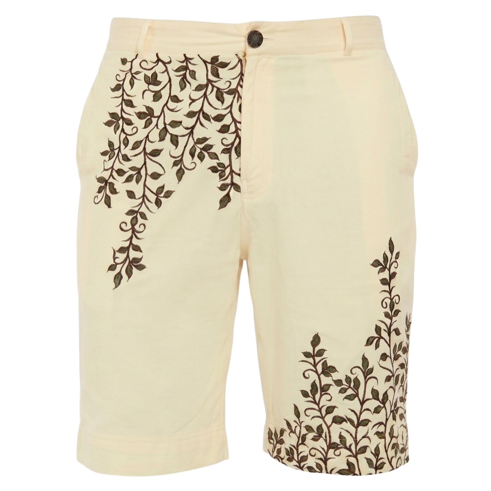 INTERNATIONAL APPEAL's Beige Vine Embroidered Shorts | PR Sample feature handcrafted brown vine embroidery, side pockets, and a button closure—ideal for contemporary resort style.