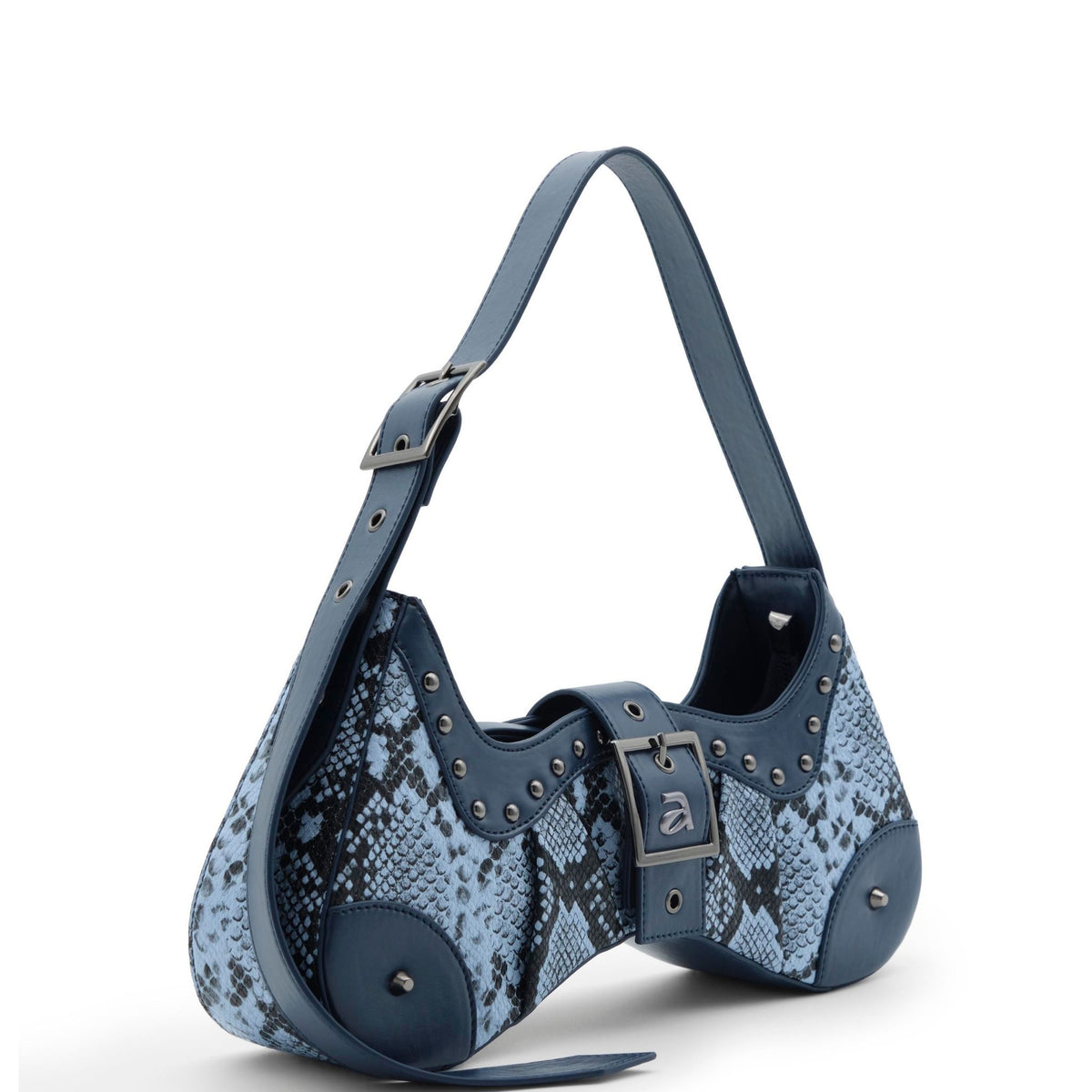 Blue patterned handbag with a strap on a white background