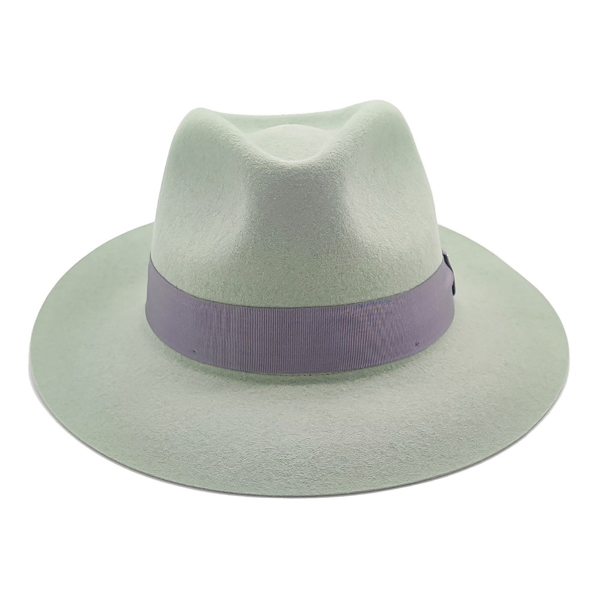 Light green fedora hat with a purple band on a white background
