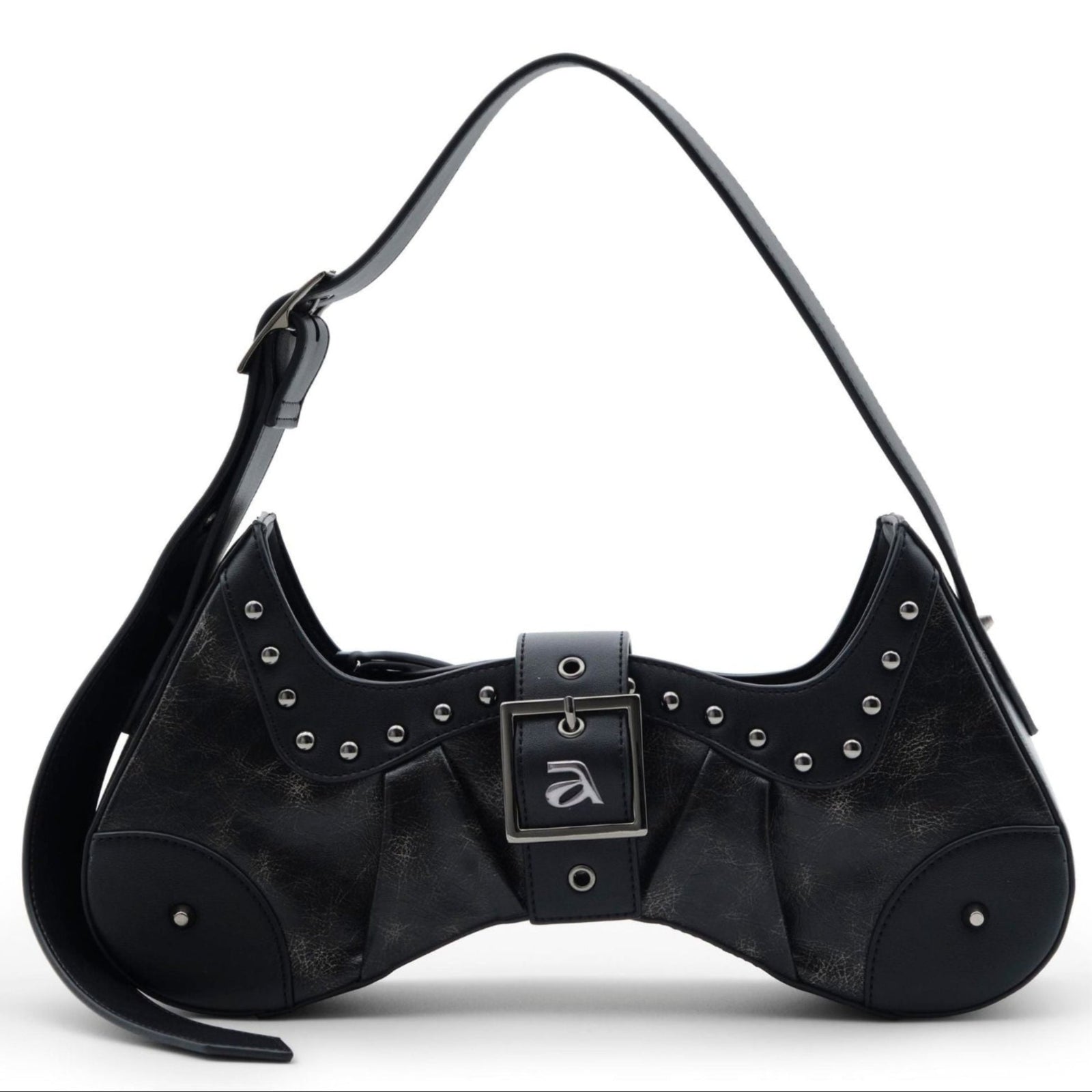 Black handbag with studded details on a white background
