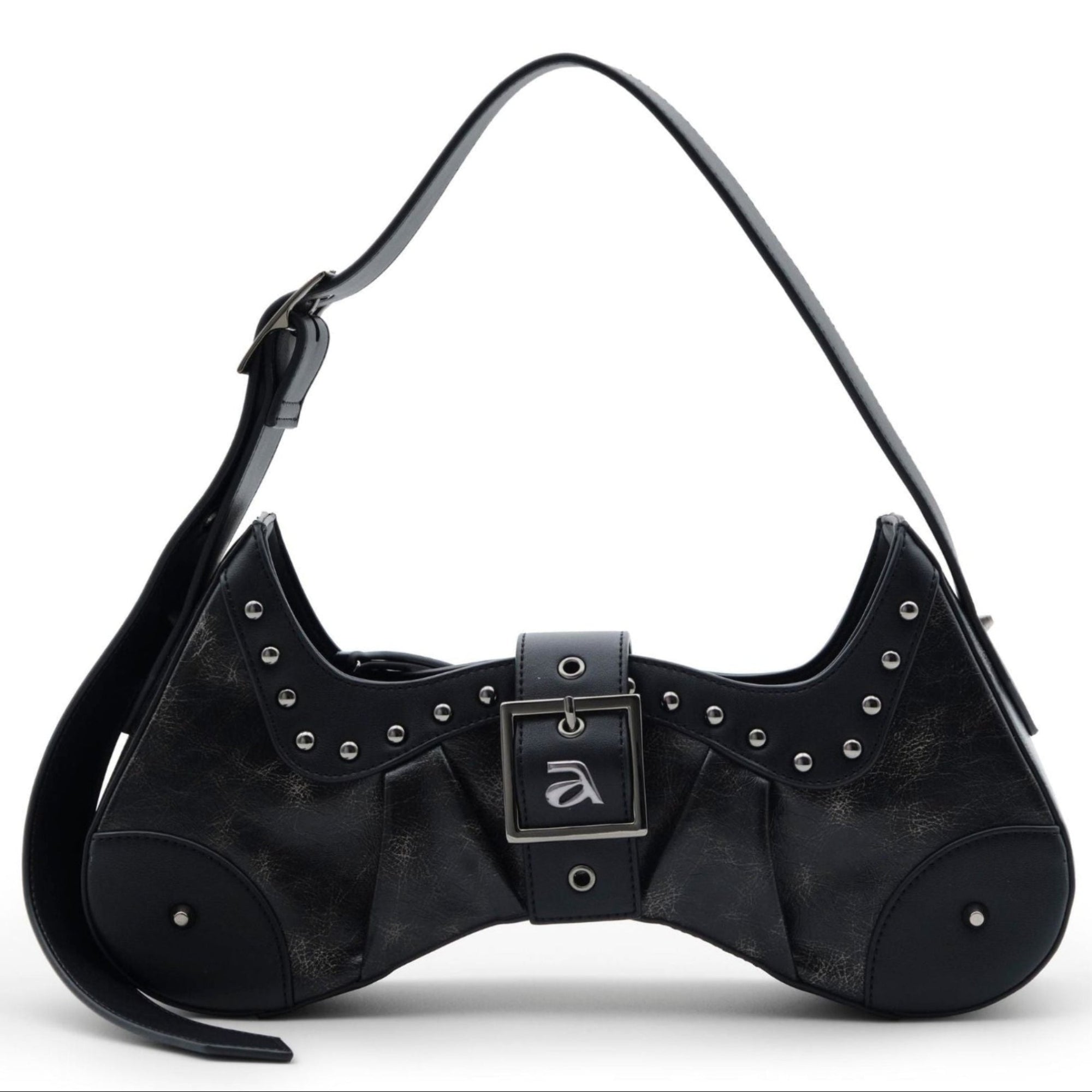 Black handbag with studded details on a white background