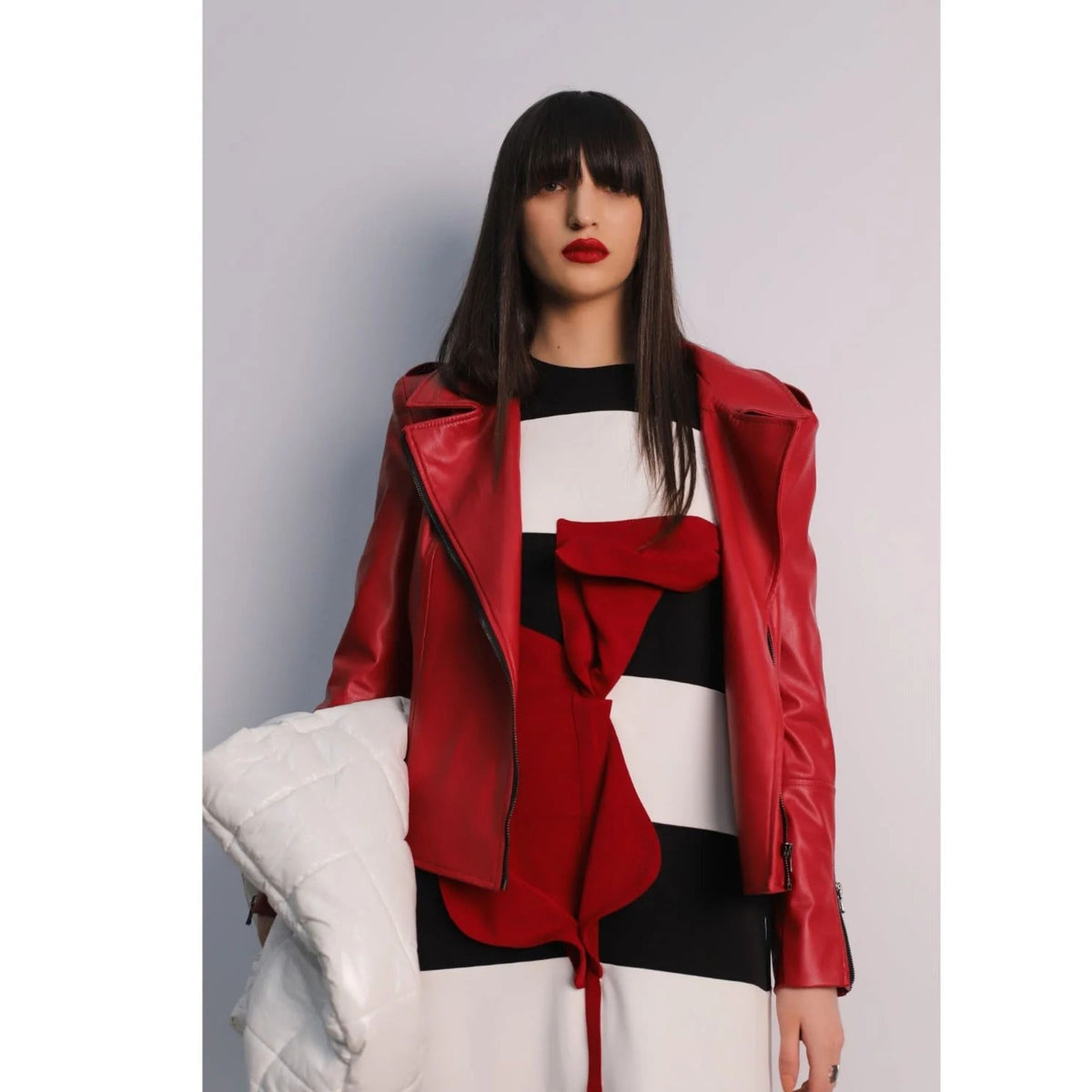 Faux Leather Jacket With Shoulder Pads | Red