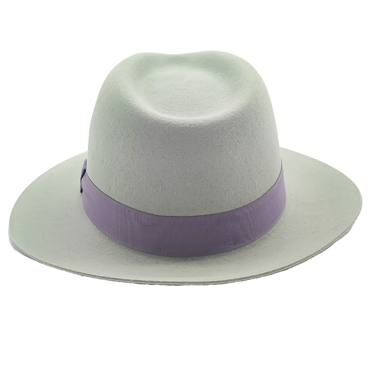 Light gray fedora hat with a purple band on a white background