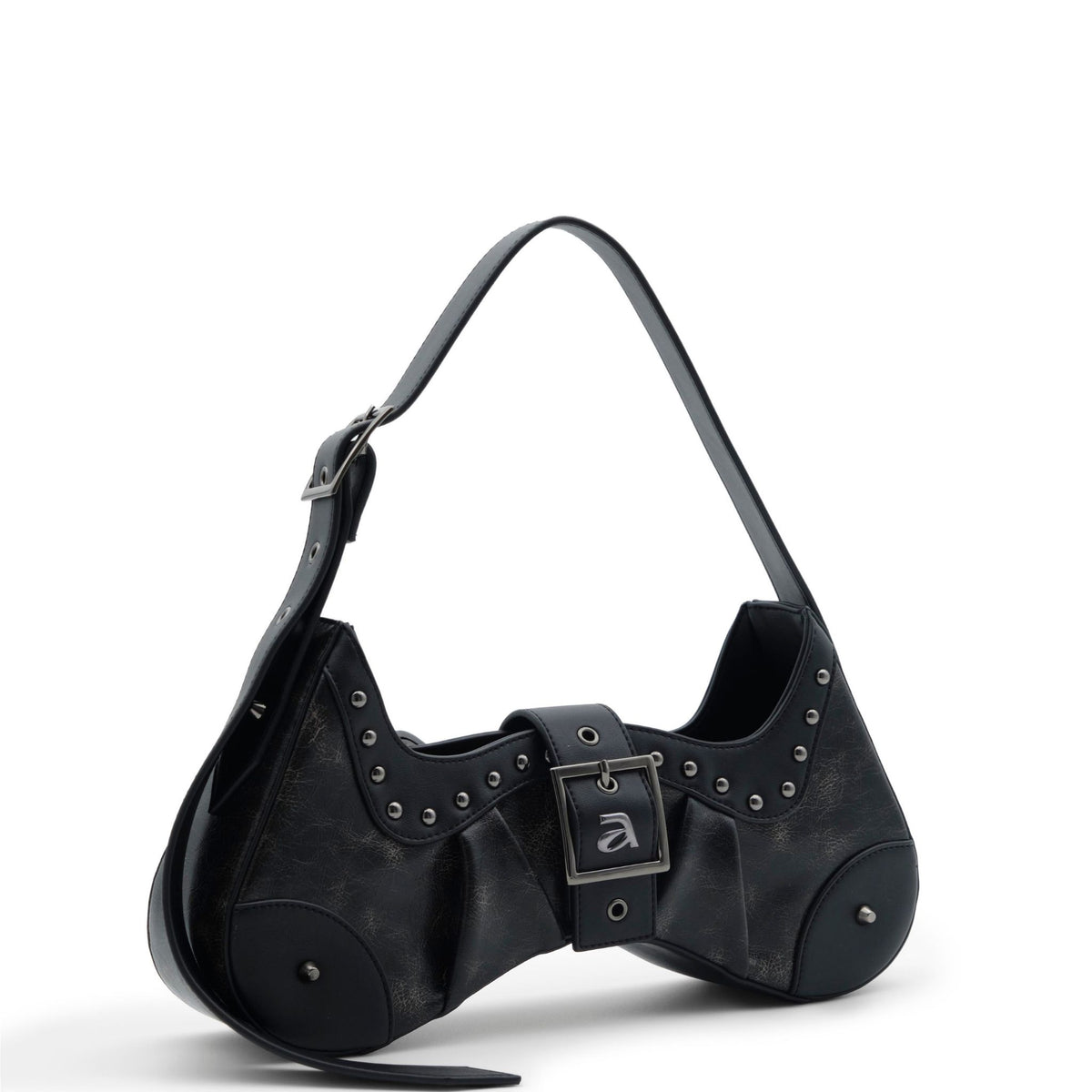 Black handbag with studded details on a white background