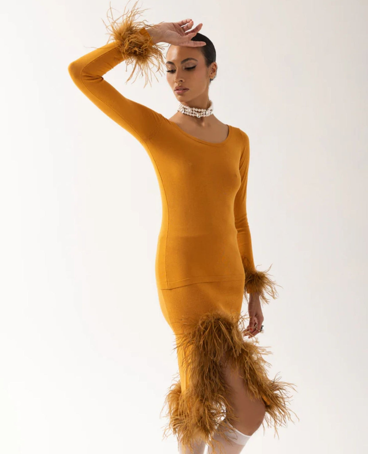 ANDREEVA - Camel Knit Skirt With Feathers, buy at DOORS NYC