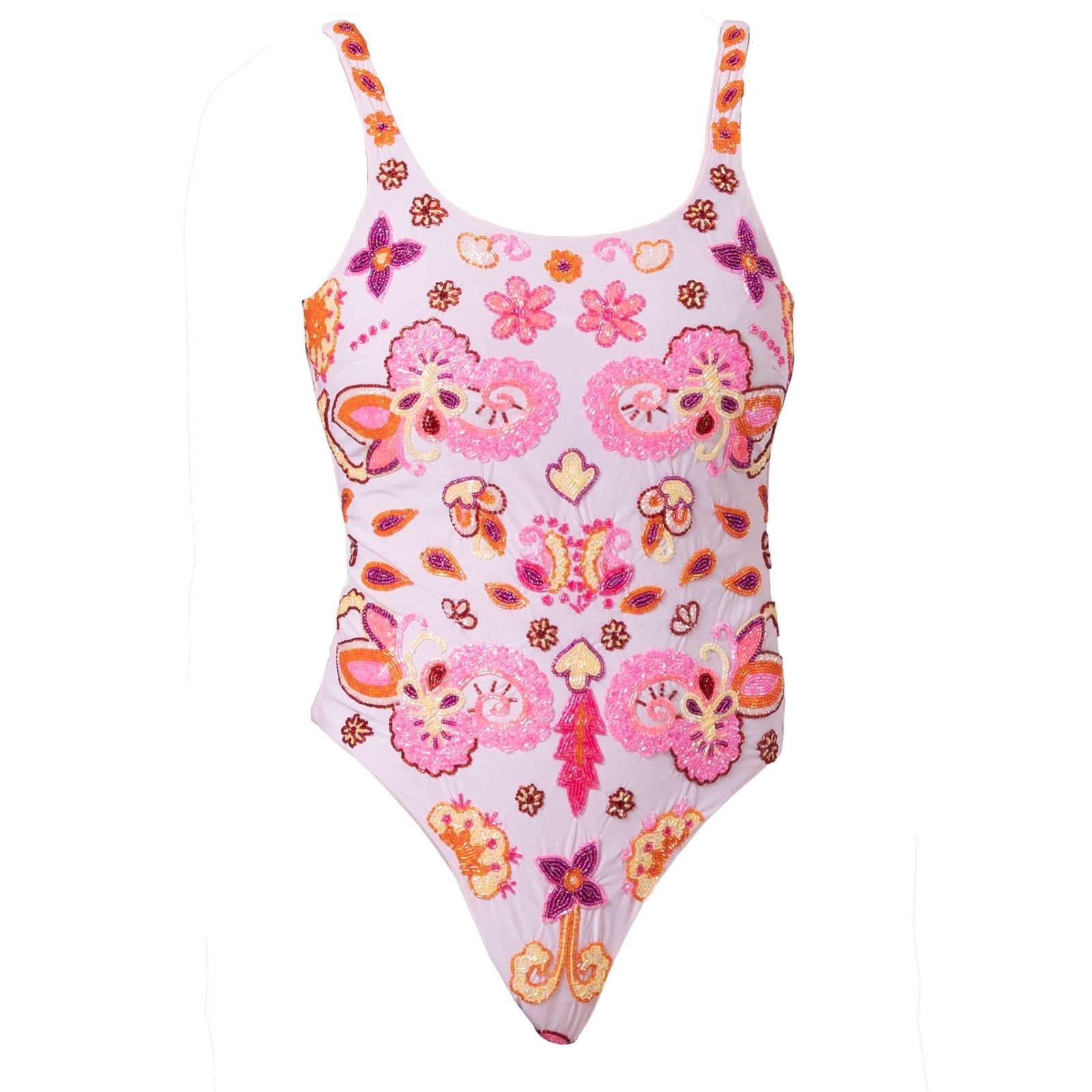 The SELF-ADORE Floral Fiesta Hand-Beaded Embellished One-Piece Swimsuit features thin straps and a vibrant paisley pattern in pink, orange, and purple on a light background.