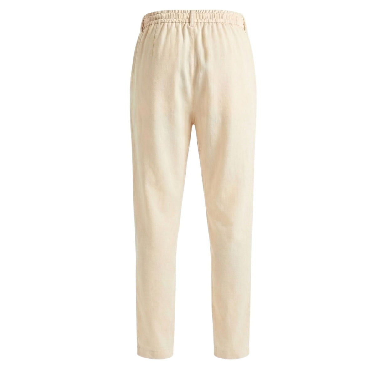 The Beige Linen Tailored Pants by INTERNATIONAL APPEAL are shown from the back against a white background, featuring an elastic waistband, relaxed fit, and straight legs for modern resort style. PR Sample.