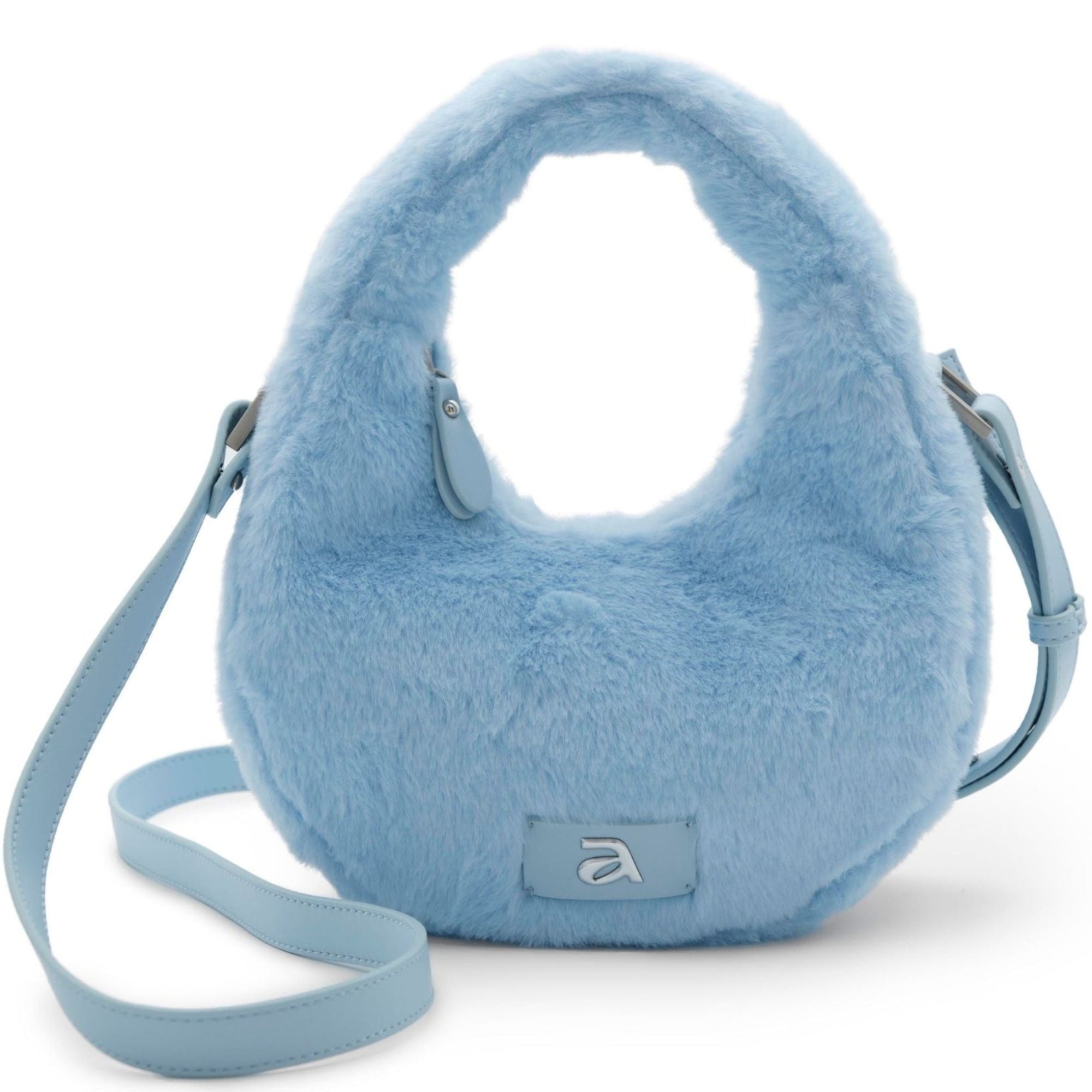 Blue fluffy handbag with a visible brand logo on a white background