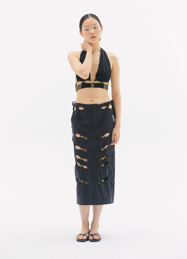RUIBUILT - Embroidery Cutout Cargo Maxi Skirt | Onyx at DOORS NYC
