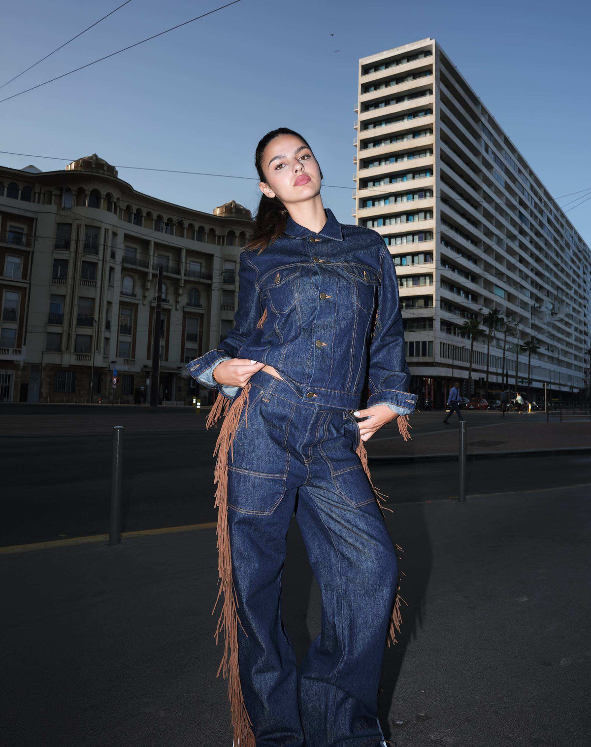 SOEUR &amp; FRÈRES - Dark Blue Wide-Leg Fringe Denim Pants, worn, buy at DOORS NYC