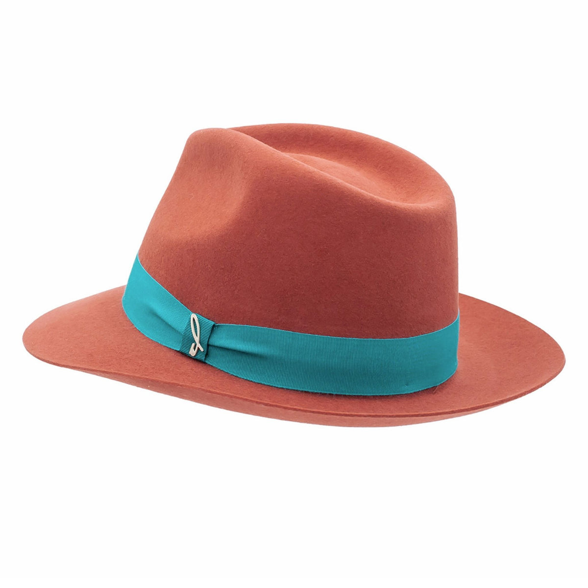 Brown hat with a turquoise band on a white background