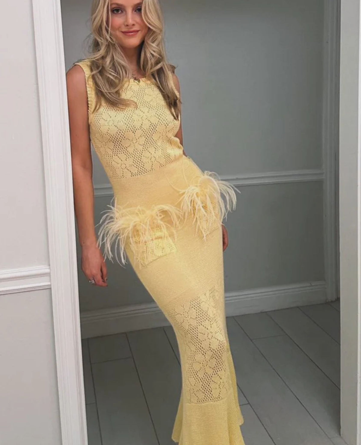 ANDREEVA - Butter Yellow Knit Dress With Feathers, buy at DOORS NYC