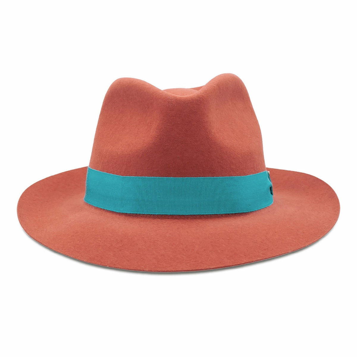 Orange hat with a turquoise band on a white background