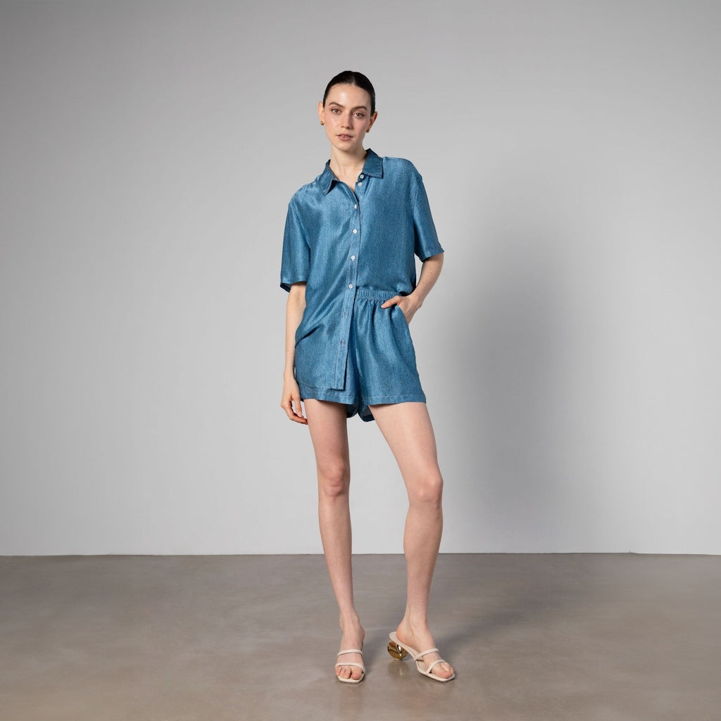 Light Denim Print Silk Shirt