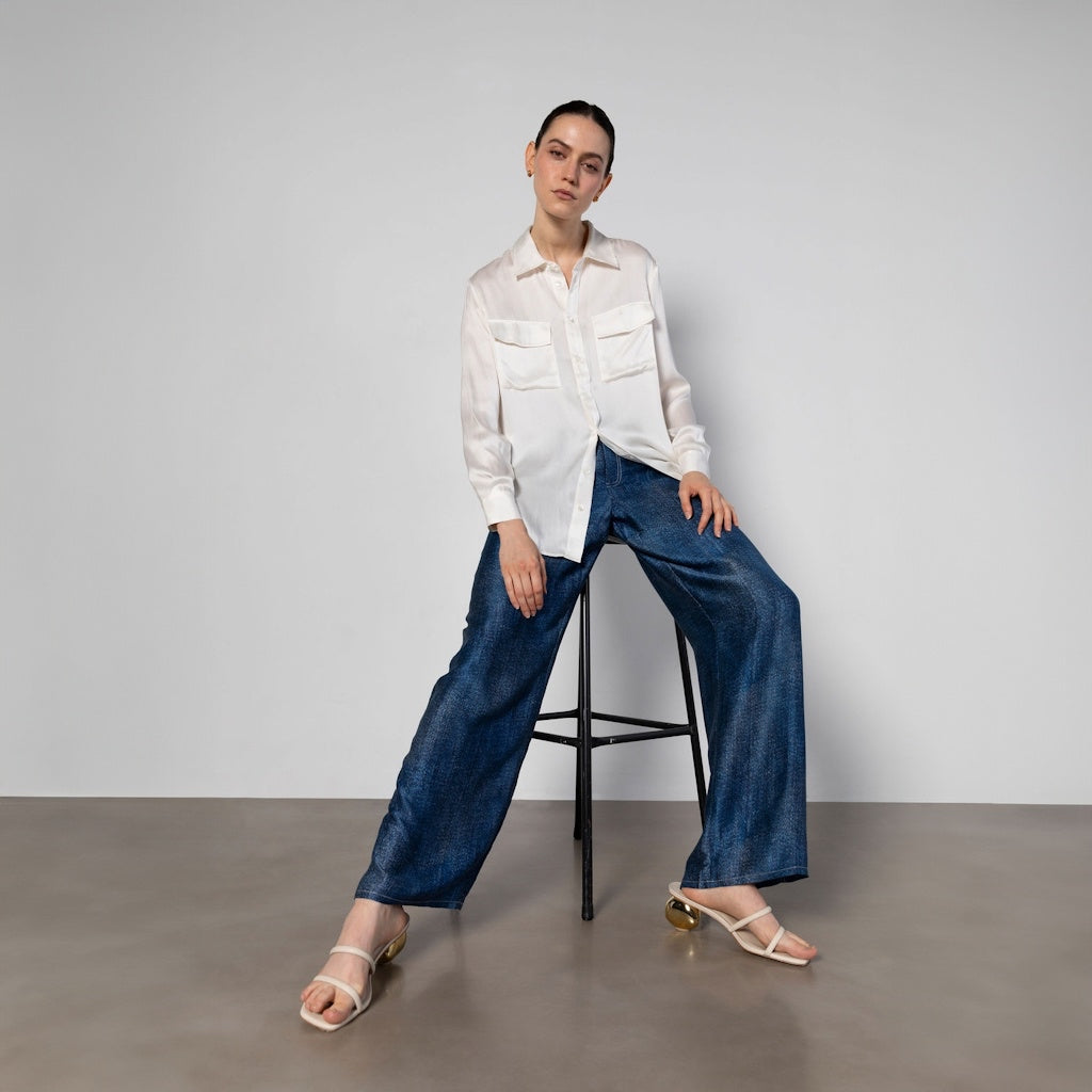 White Boyfriend Silk Shirt with Double Pockets